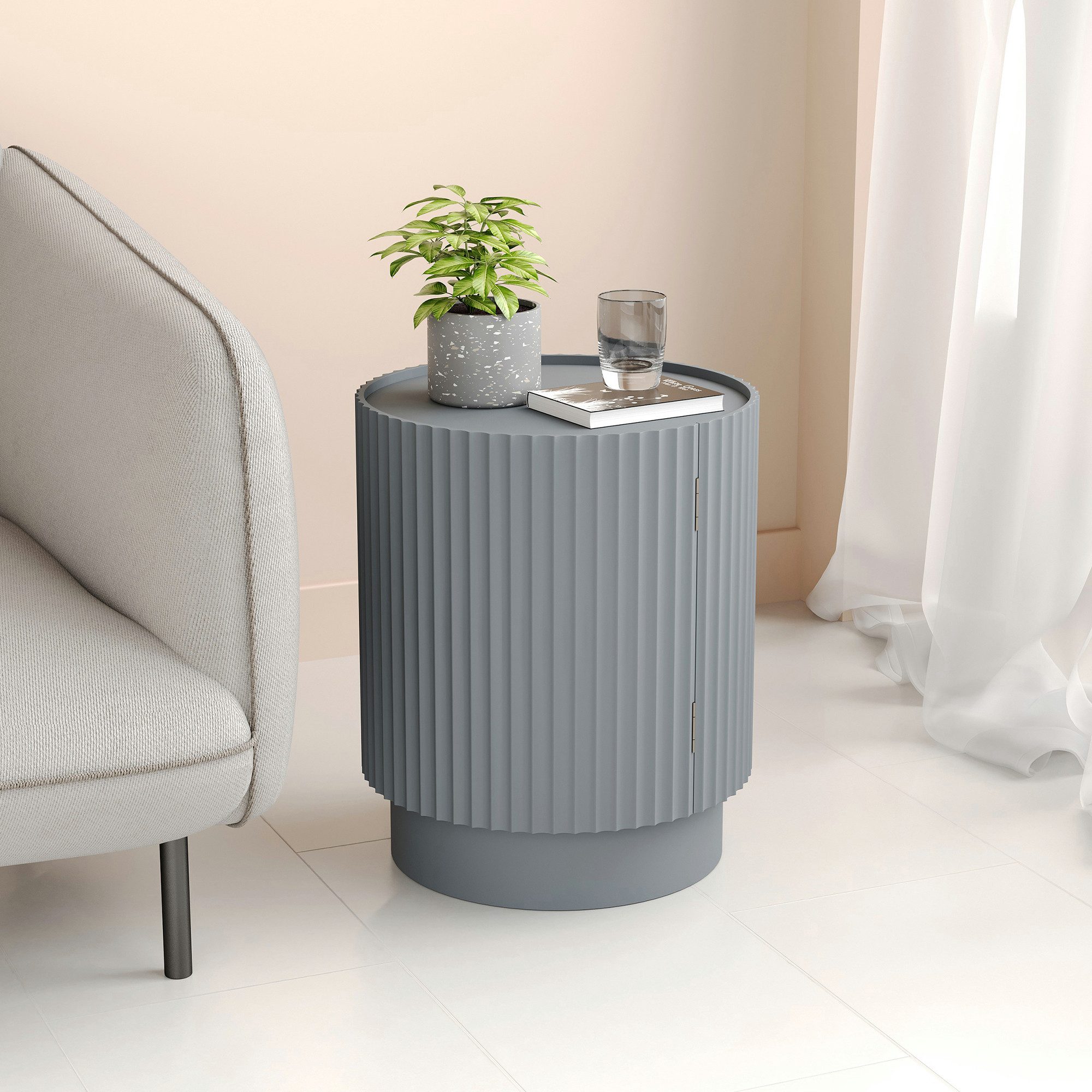 en.casa Beistelltisch, »Rill« mit Tür und 2 Fächern rund 49 x Ø40 cm Grau günstig online kaufen