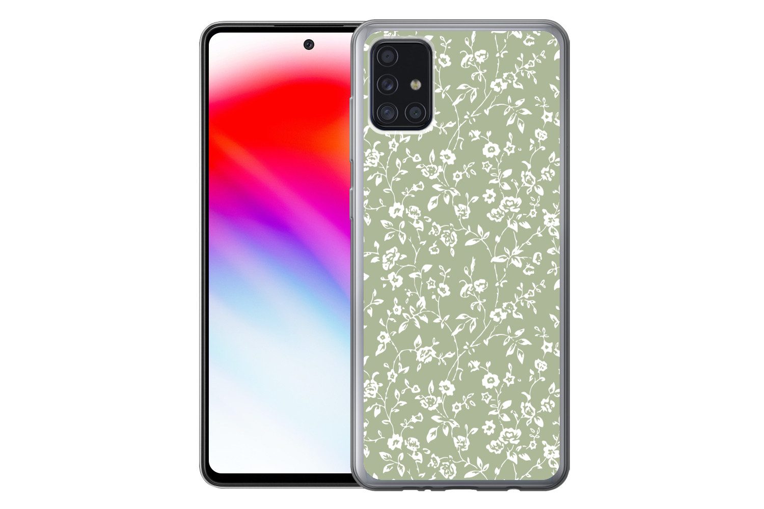 MuchoWow Handyhülle für Samsung Galaxy A52 5G Blumen - Druck - Grün - Weiß, Smartphone-Bumper, Print, Handy Schutzhülle Dünn