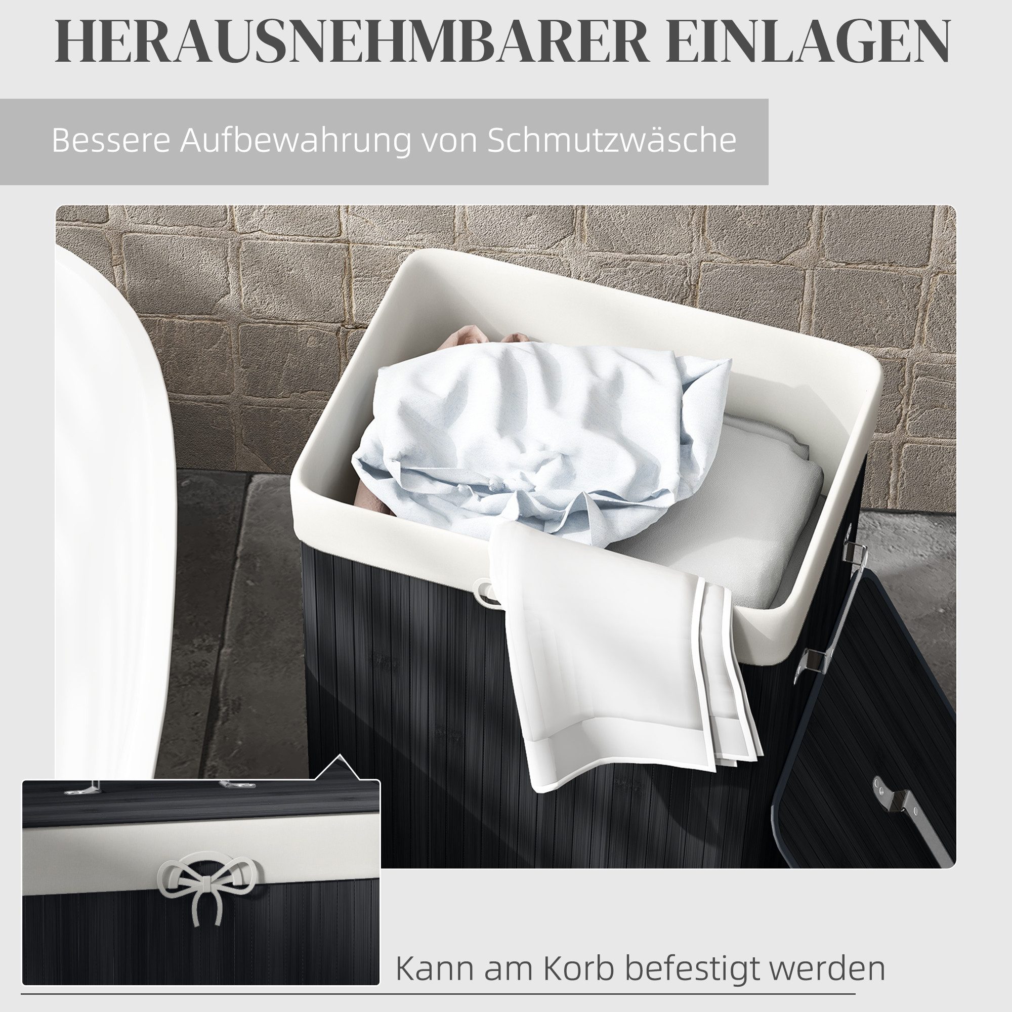 HOMCOM Wäschekorb schmal Wäschesammler mit Griff, für Schlafzimmer & Bad, Schwarz (Set, 1 St., Wäschekorb mit Wäschesack), 72L, Bambus, herausnehmbarer Wäschesa – Bild 5 von 5