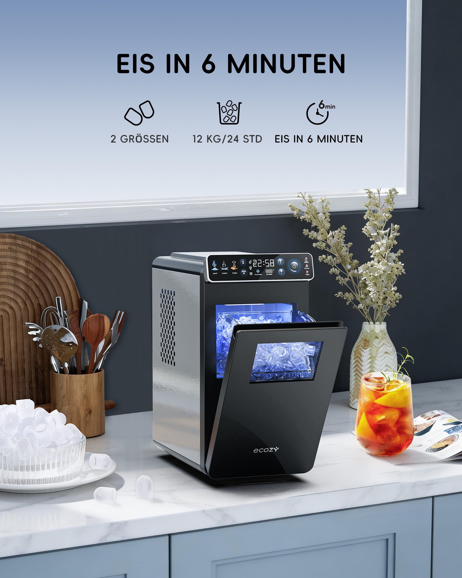 eCozy Eiswürfelmaschine Tragbar und Kompakt mit Farbdisplay, 12 KG/24H, Eiswürfel in 6 Minuten, 24-Stunden-Timer, 2 Eisgrößen, Selbstreinigung, Stummschalten