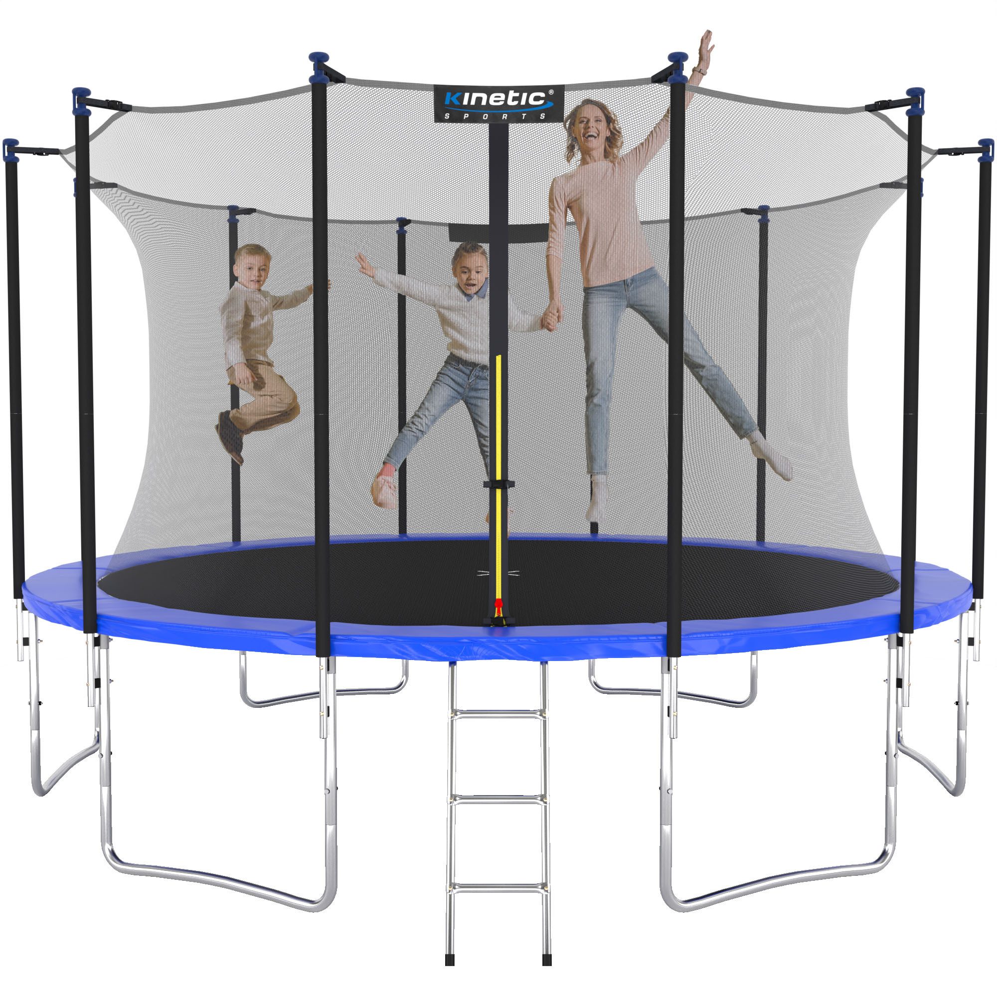 Kinetic Sports Gartentrampolin SALTO, Ø 430 cm, Kindertrampolin Set mit Sicherheitsnetz, USA Sprungtuch, Leiter