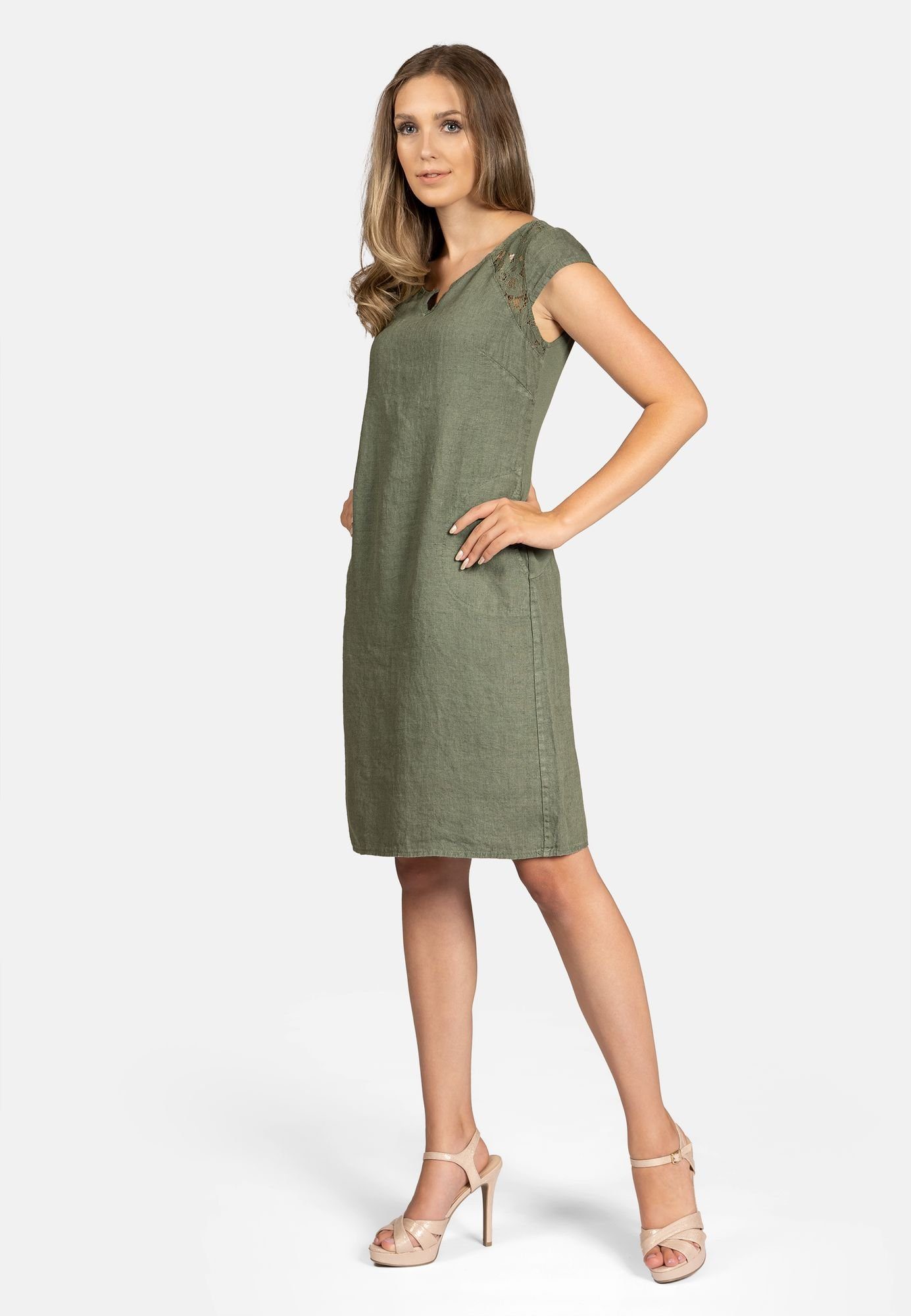 Caspar Sommerkleid SKL042 Damen Sommer Leinenkleid mit dezentem Spitzeneinsatz Luftig leicht, figurumspielende Form, mit seitlichem Jersey-Einsatz