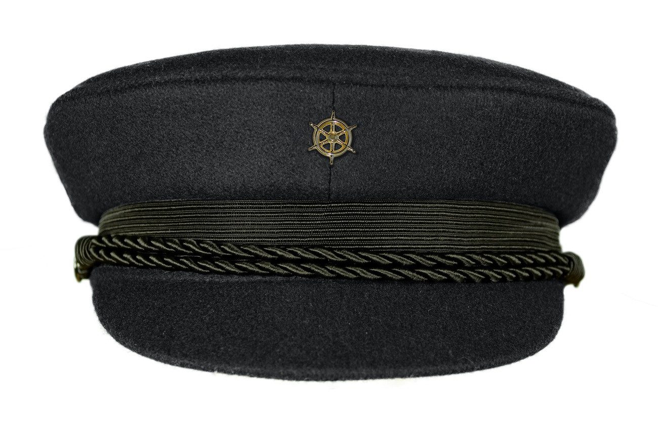 MADSea Schiebermütze Elbsegler schwarz Pin Steuerrad goldfarben maritime Kapitänsmütze mit Krone, Zierband, Kordel und Pin
