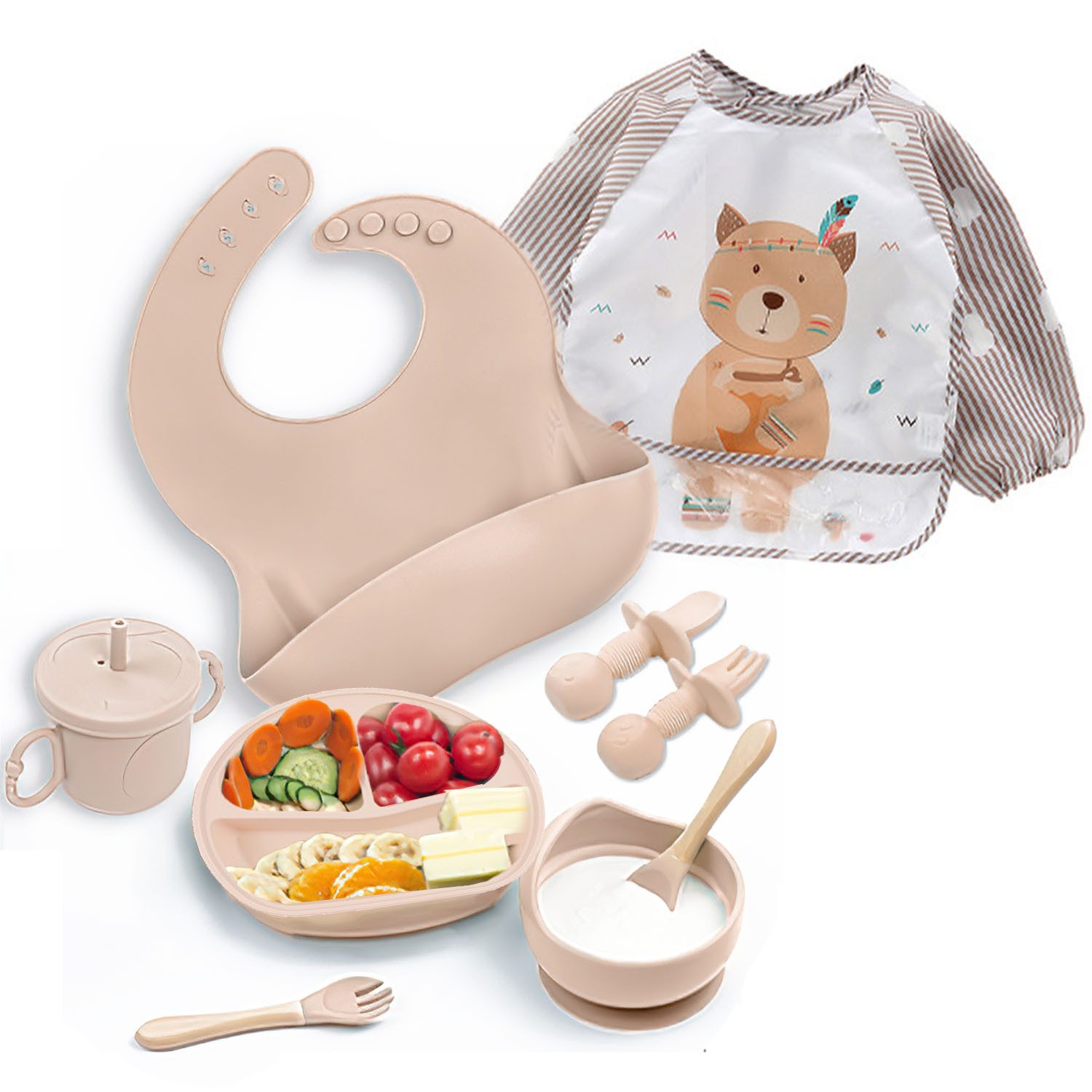 SURFOU Kindergeschirr-Set 9er Baby Geschirrset Set Kindergeschirr Babylöffel Trinklernbecher, Silikon Lätzchen Baby Teller Kinderteller mit Saugnapf