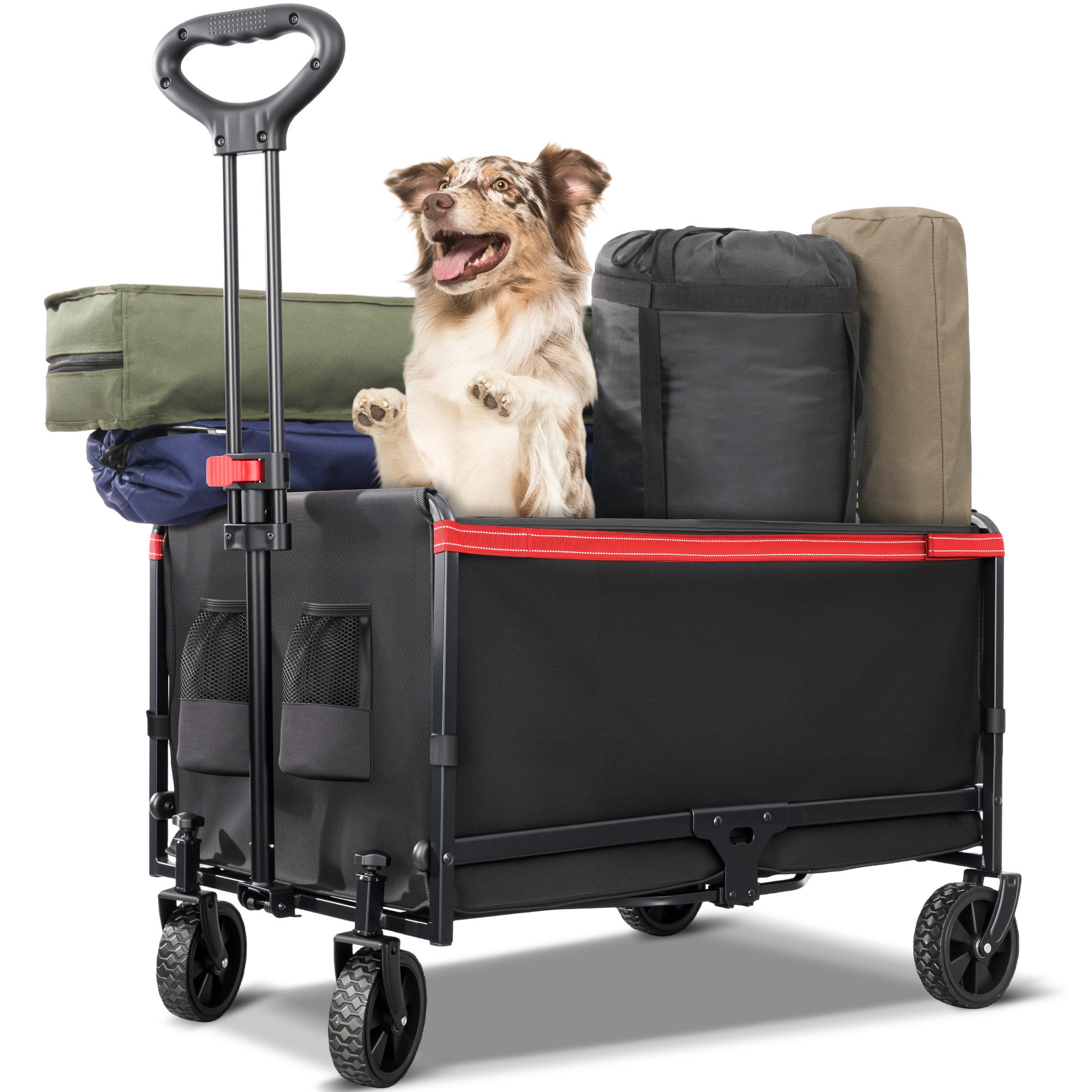 HOMECALL Bollerwagen Kleiner Handwagen Faltbar Gartenwagen kompakt (mit Regenschutz und Getränkehalter), bis 120 kg belastbar, 120 L, Schwar