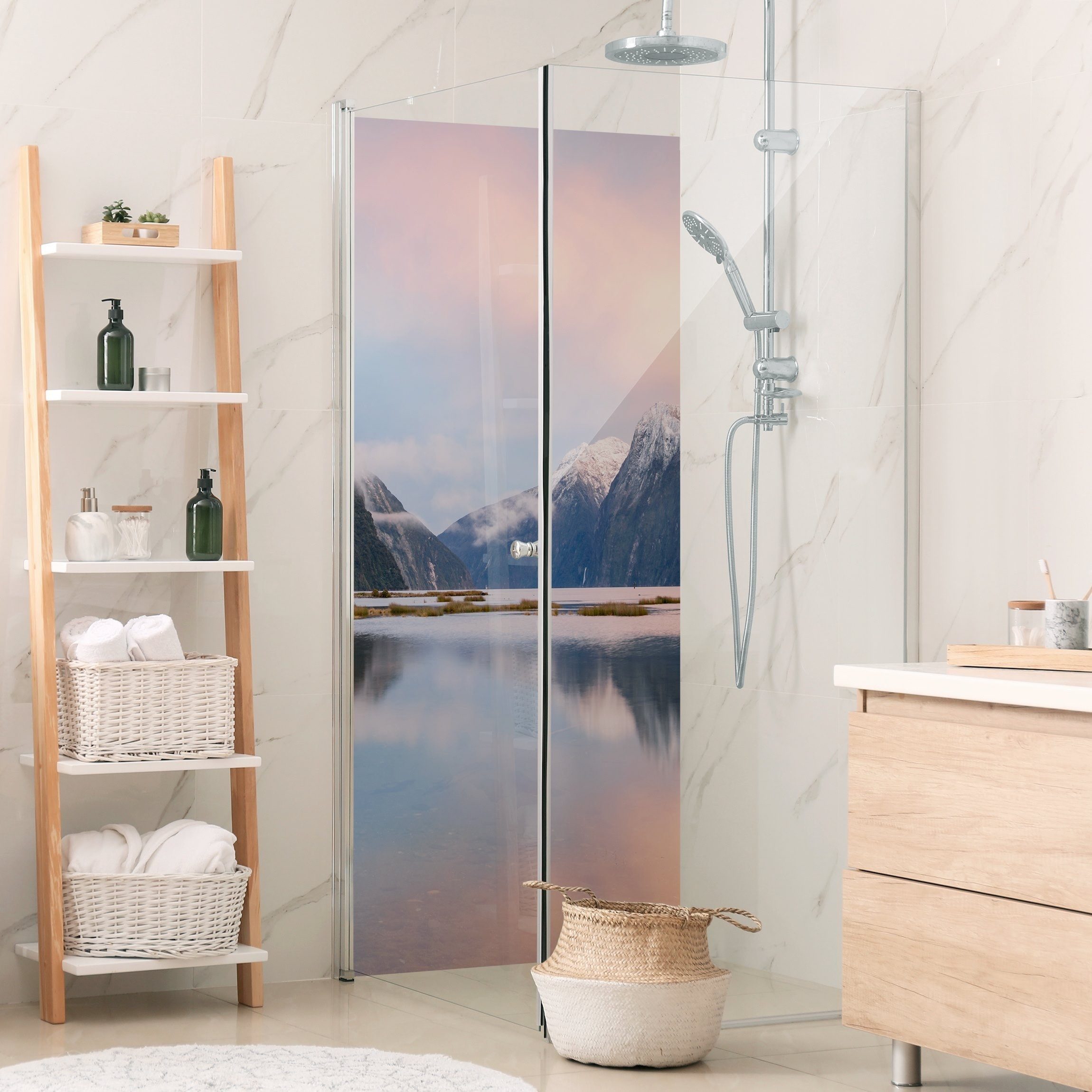 Thumbnail - Bilderdepot24 Badrückwand Fliesen Berg rosa Duschrückwand ohne Bohren Dusche Natur, (Hartfolie matt » Selbstklebend PREM...