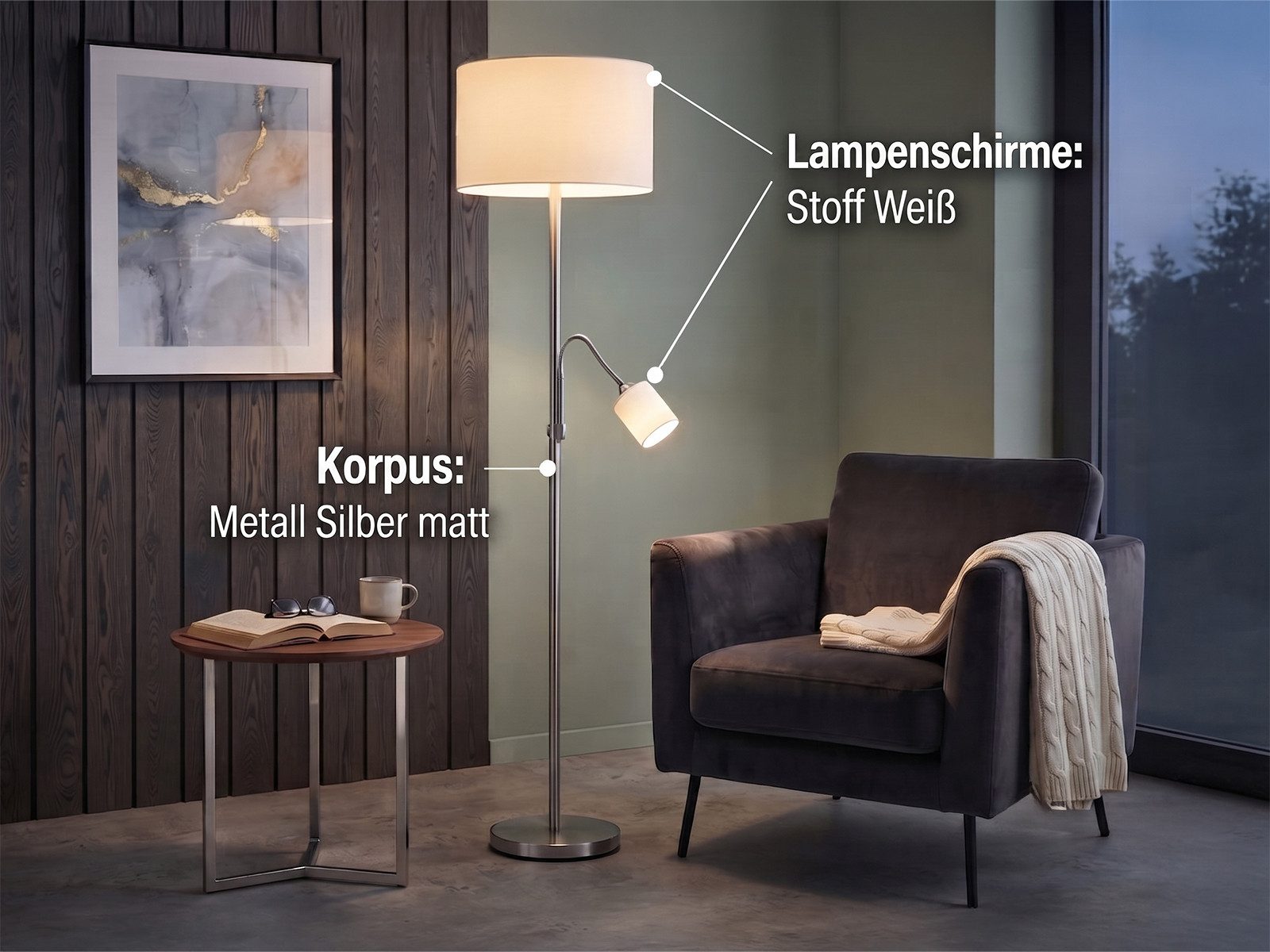 TRIO Leuchten LED Stehlampe mit Leselampe & Stoffschirm Höhe 170cm, dimmbar, LED wechselbar, Warmweiß, Designklassiker Steh-Leuchte groß für Lese-Ecke stehend
