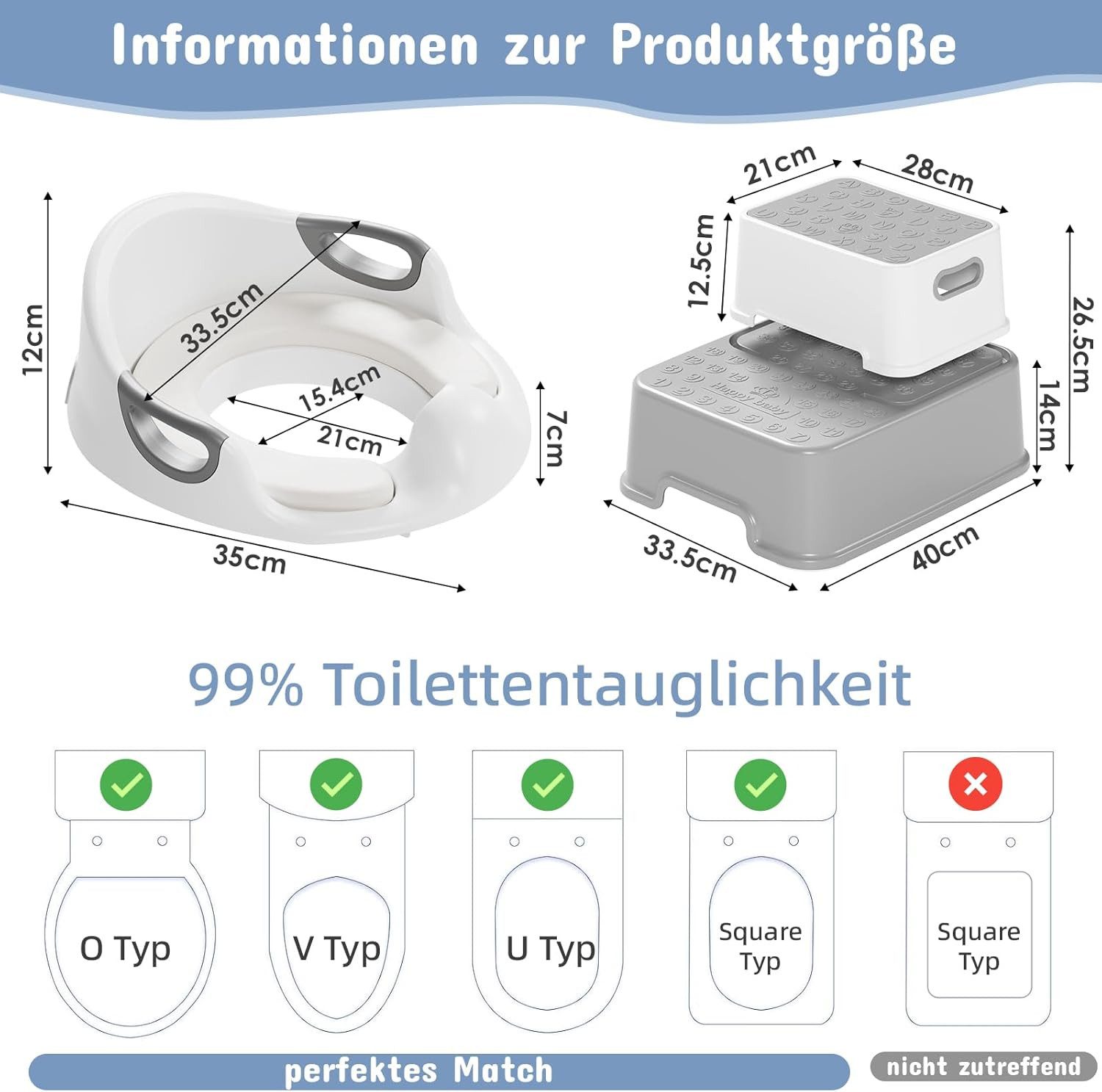 TLGREEN Toilet Trainer, Children's Toilet Seat with Step Stool, Non-Slip, (Children's Toilet Seat with 2 Steps and Stool), Children's Toilet, Toilet Seat for Children 1-8 Years