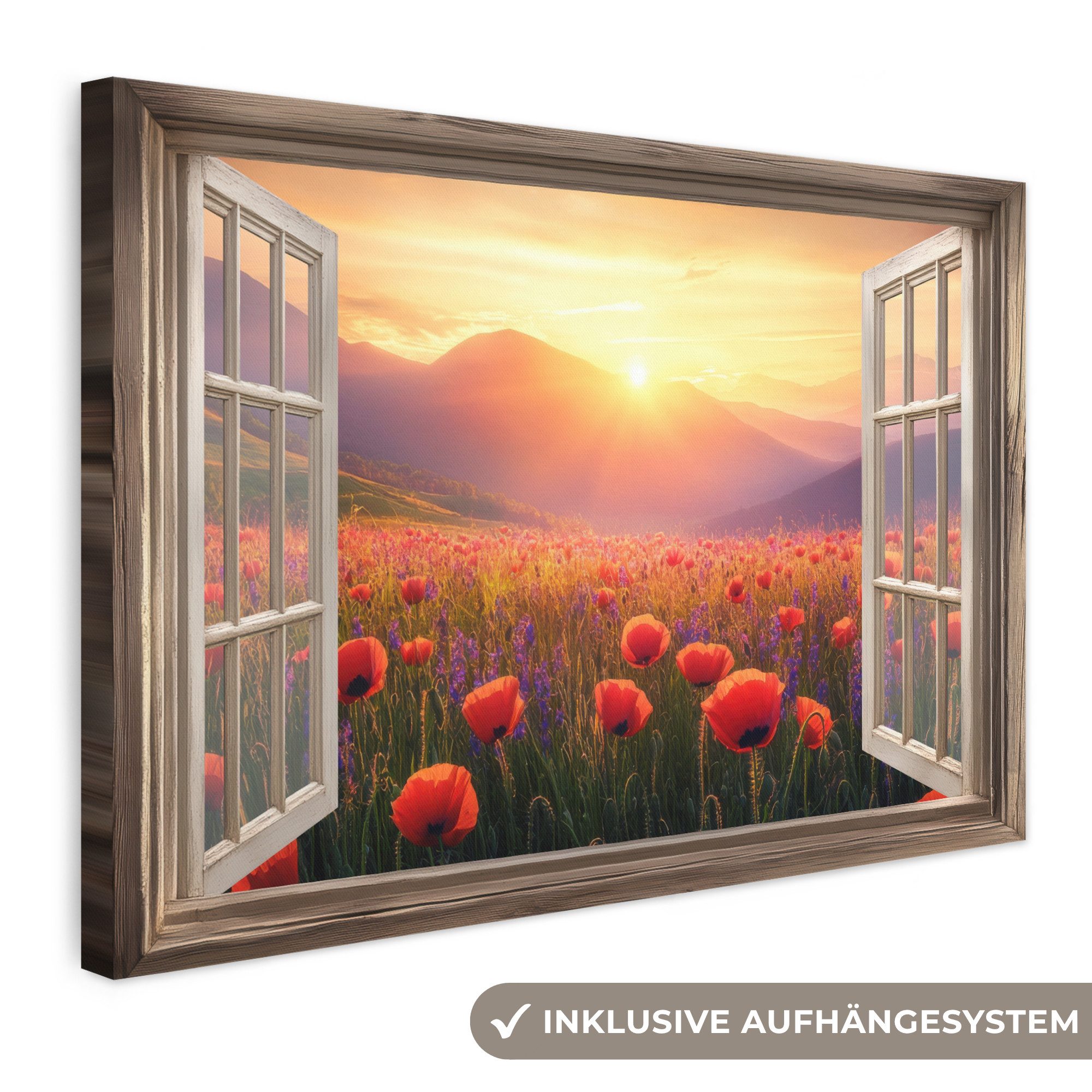 OneMillionCanvasses® Leinwandbild Fensterblick - Fenster - Mohnblumen - Blumen - Rot - Offenes Fenster, Fotodruck (1 St), Leinwand Bilder Klein, Wand Dekoration Aesthetic 30x20 cm