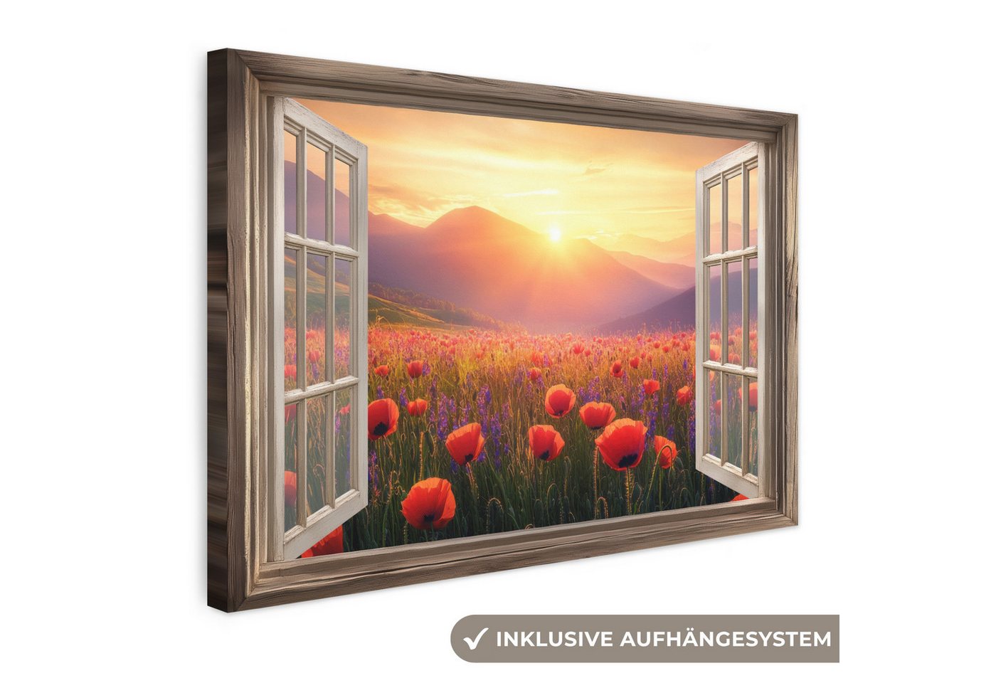 OneMillionCanvasses® Leinwandbild Fensterblick - Fenster - Mohnblumen - Blumen - Rot - Offenes Fenster, Fotodruck (1 St), Leinwand Bilder Klein, Wand Dekoration Aesthetic 30x20 cm