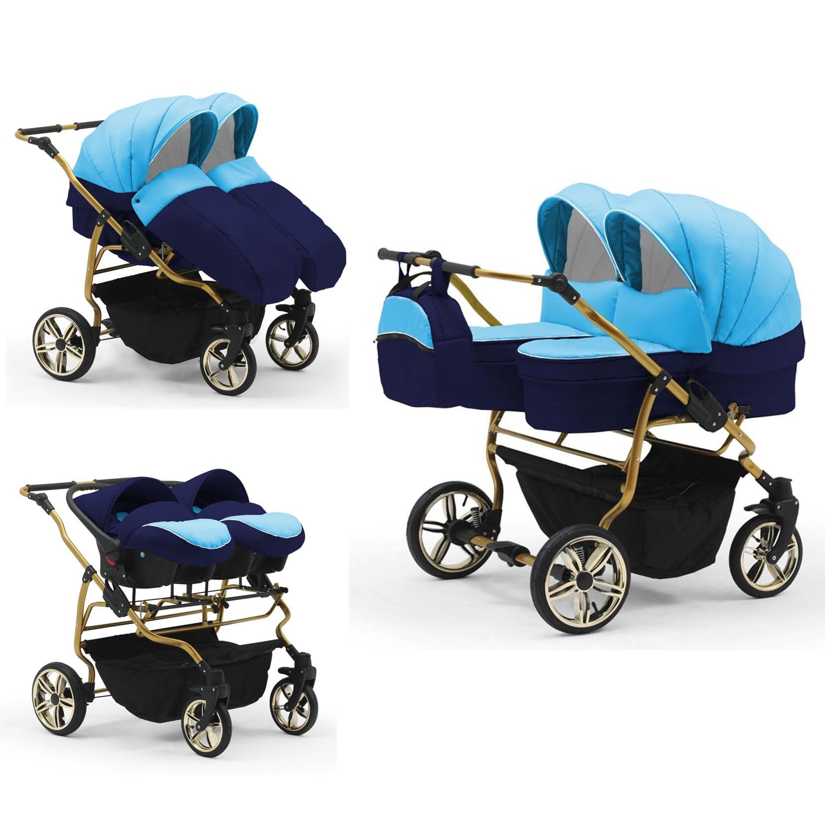 Gold 3 Duet - 1 13 babies-on-wheels - Autositze 33 Teile Farben Hellblau-Navy inkl. Lux in in Zwillingswagen