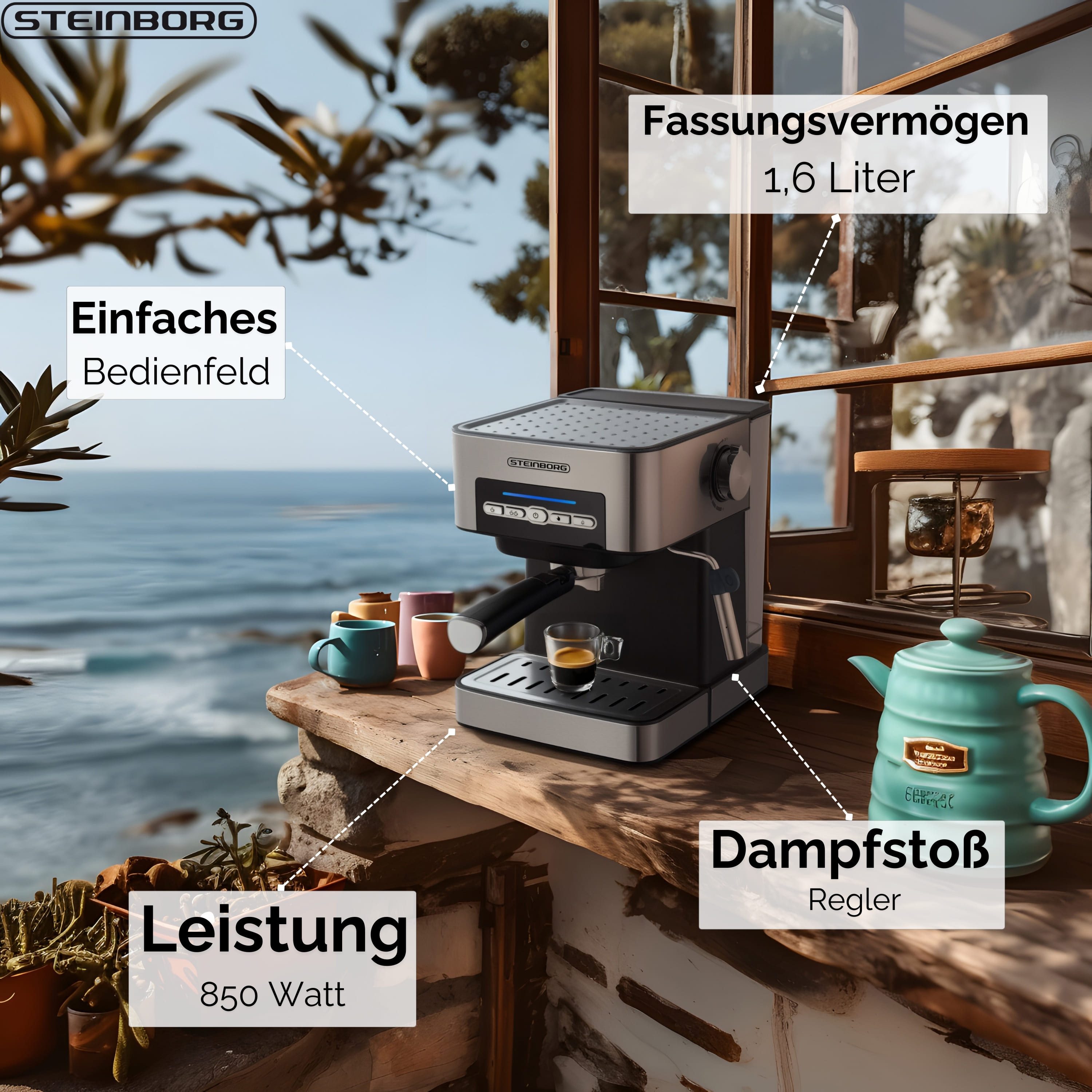 STEINBORG Espressomaschine, Edelstahlfilter, Edelstahl Design, 15 bar, Milchaufschäumer