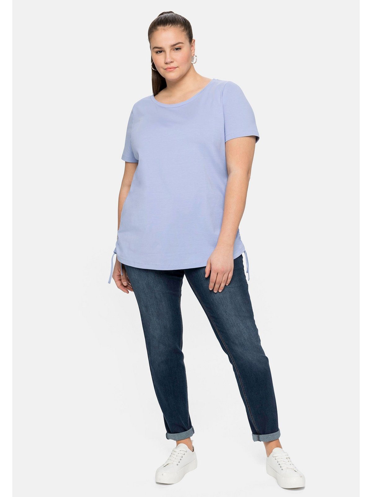 Größen T-Shirt Sheego Bindeband Raffung Große und seitlicher mit mittelblau