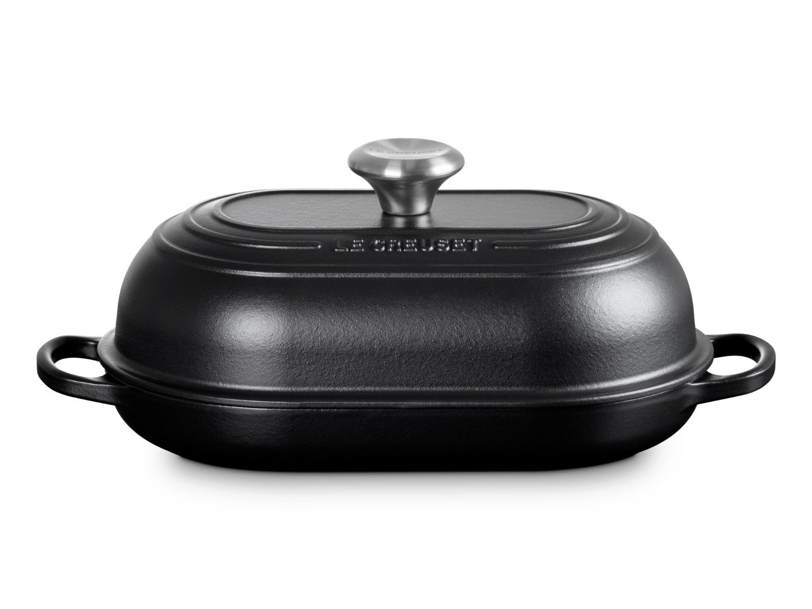 LE CREUSET Bräter Brot Bräter Signature oval schwarz matt 29cm, Emailliertes Gusseisen