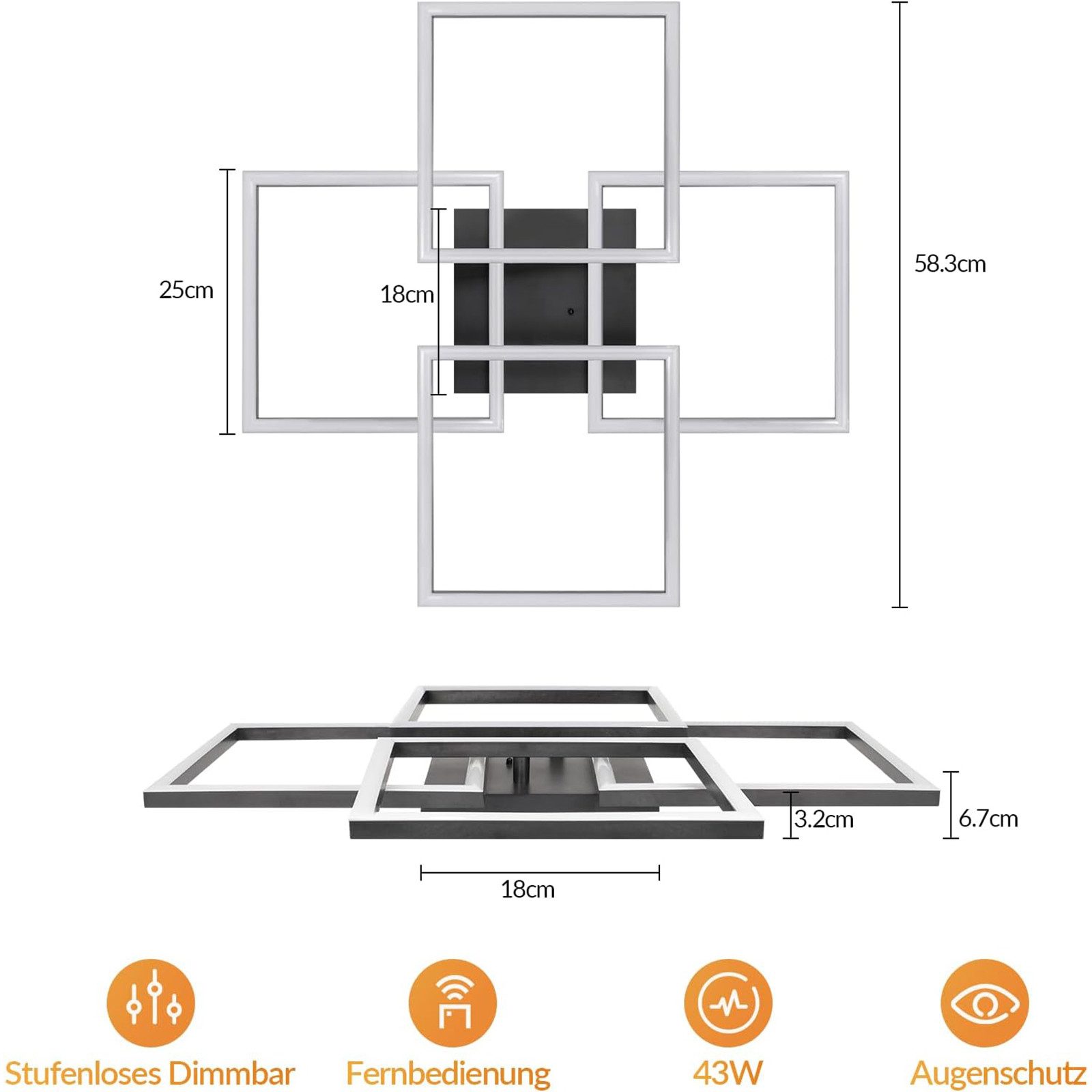 Nettlife LED Deckenleuchte 31/43W dimmbar Wohnzimmer Fernbedienung eckig modern Deckenlampe, LED fest integriert, für Schlafzimmer Küche Büro wechselbar von 300 – Bild 3 von 5