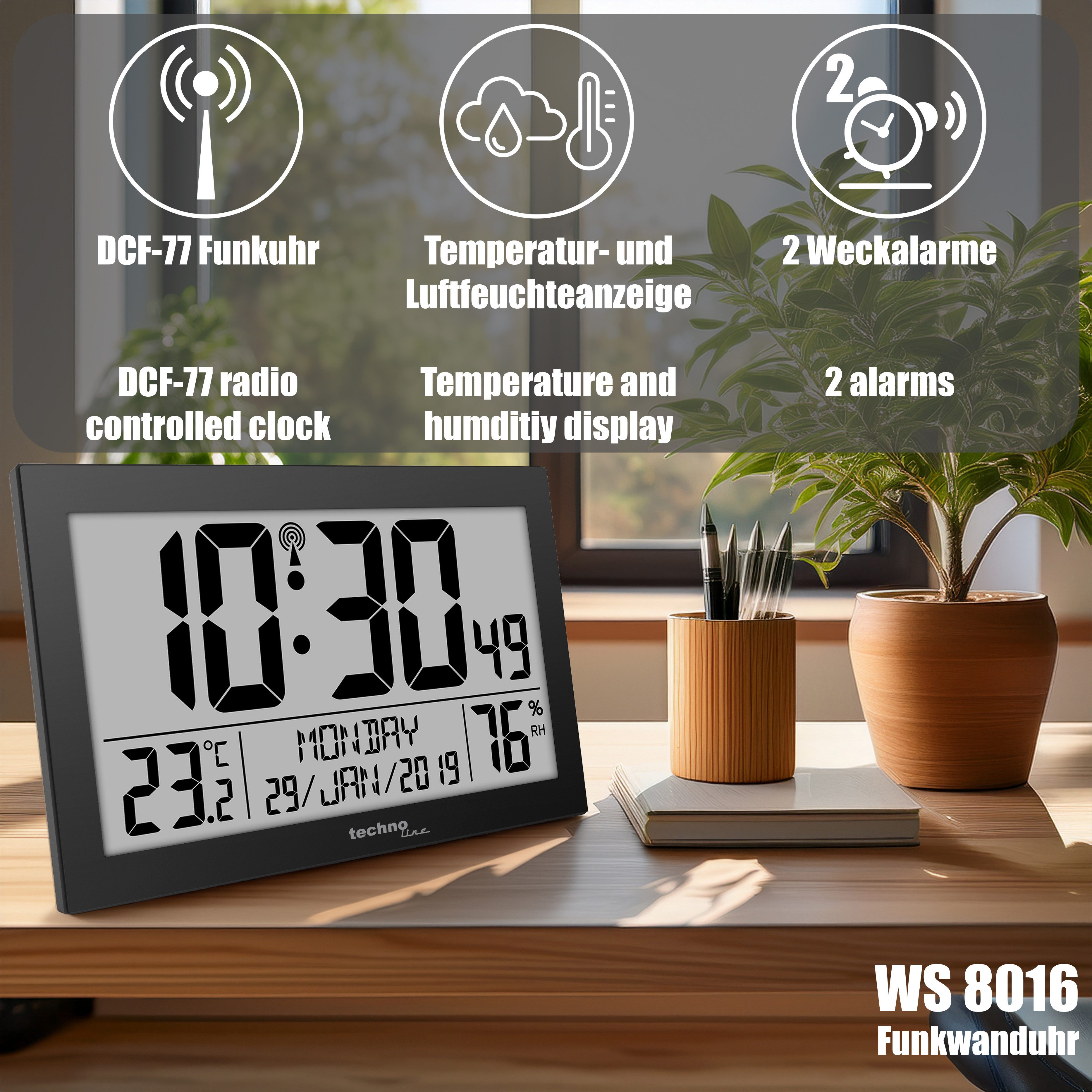 technoline Funkwanduhr WS 8016 (mit Temperatur- und Luftfeuchteanzeige) günstig online kaufen