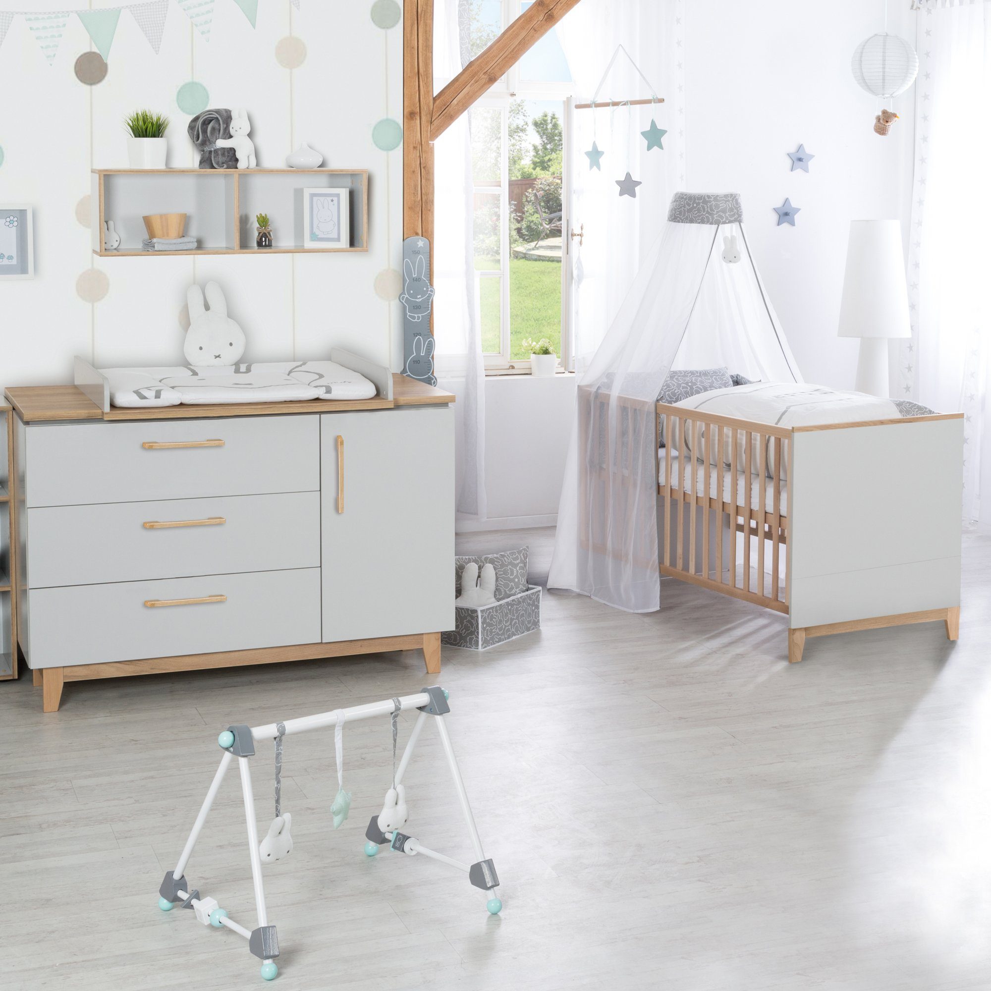 roba® Babybett Caro, Gitterbett in Lichtgrau / Buche - Höhenverstellbar & umbaubar