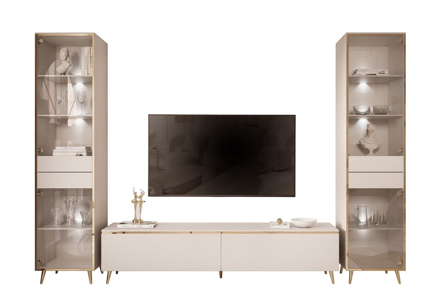 ALLHOUSE24 Wohnzimmer-Set PEONY KASCHMIR II GOLD Möbelset mit LED Glasvitrine TV Schrank, (1x TV Schrank, 2 x Vitrinen), LED Beleuchtung