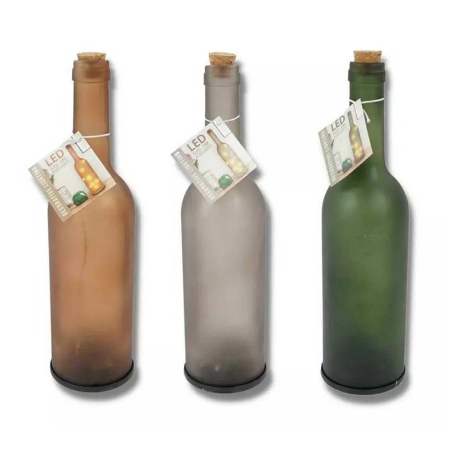 HAC24 LED Dekolicht 3er Set Glasflasche Flasche Beleuchtet Flaschenlicht Dekolampe, LED fest integriert, Warmweiß, mit Korken je 8 LEDs Batteriebetrieb