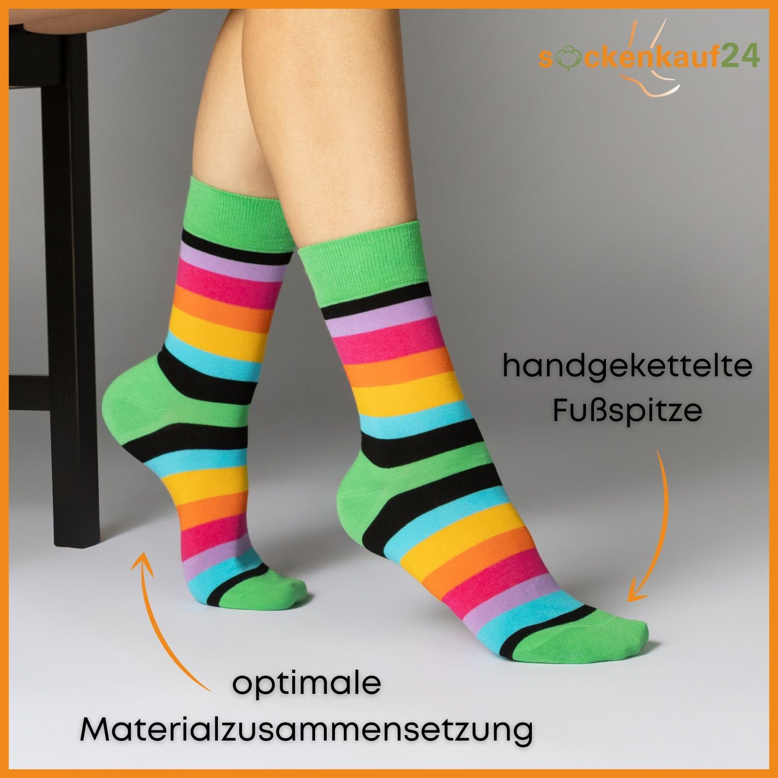 sockenkauf24 Basicsocken Damen Socken Bunt Ringelsocken Gestreift Baumwolle mit Komfortbund (6-Paar, 35-38) ohne Naht - 11979