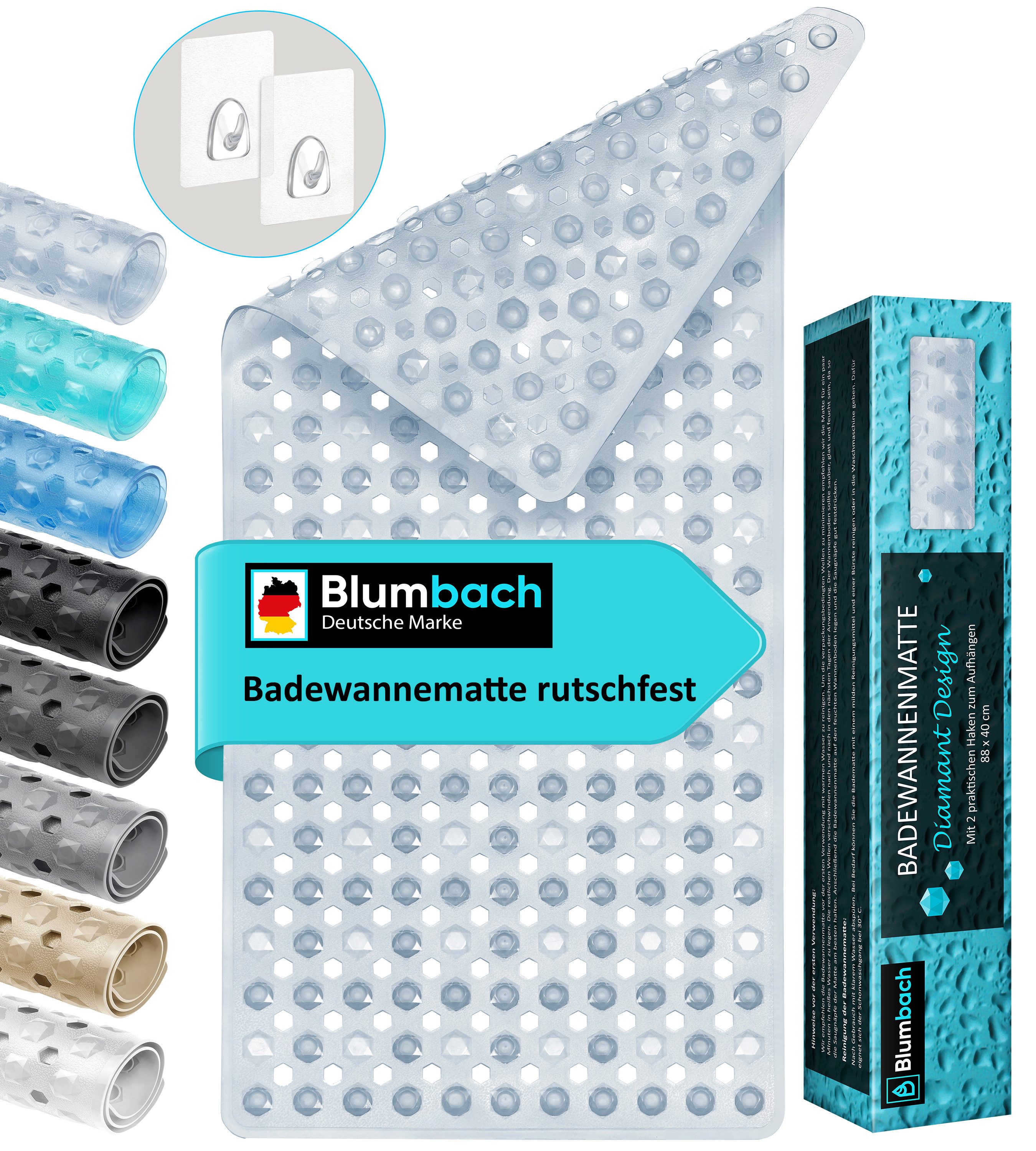 Blumbach Wanneneinlage Badewannenmatte rutschfest, Packung, inklusive 2 Klebehaken, rutschhemmend, mit Saugnäpfen, pflegeleicht