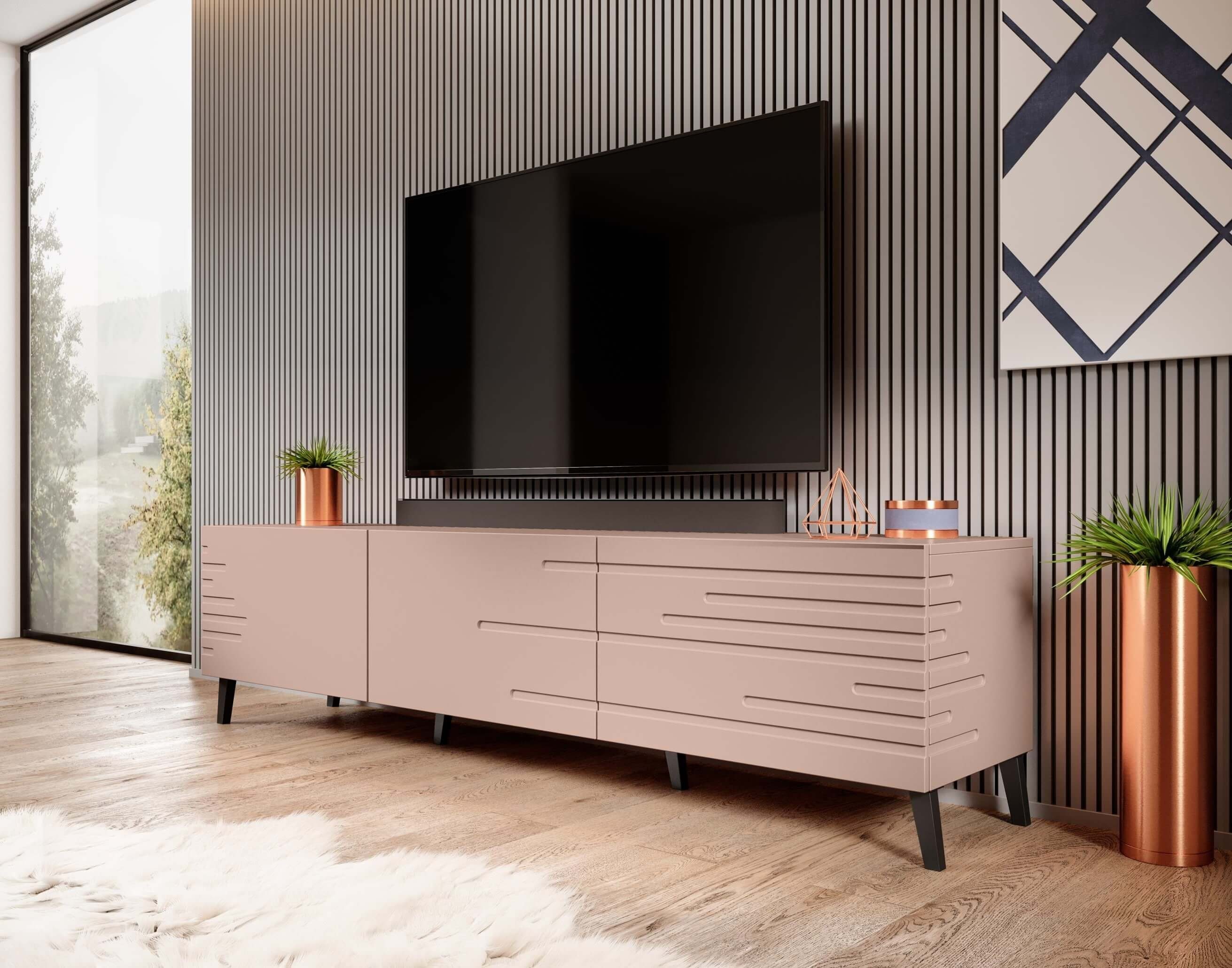 Furnix TV-Schrank NEVILLA Fernsehschrank mit dekorativen gefrästen Fronten Maße: B186 x H48 x T40 cm Rosa