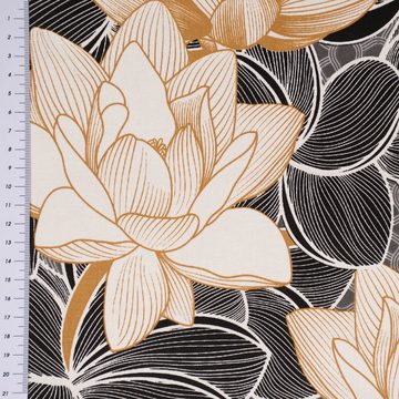 SCHÖNER LEBEN. Stoff Dekostoff Baumwollstoff Satin Lotus Blüten schwarz weiß gelb 140cm