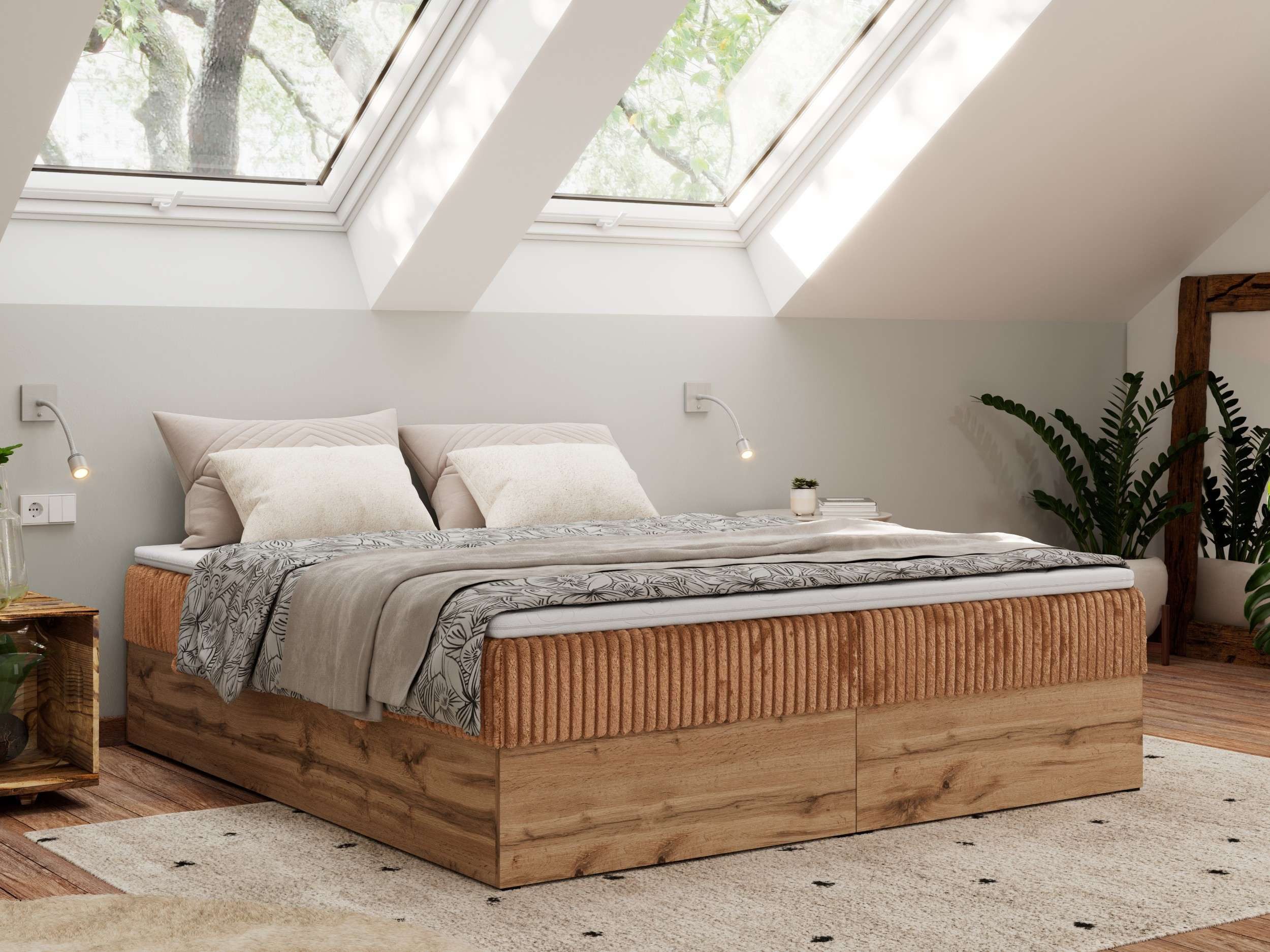 MKS MÖBEL Boxspringbett WOOD ZERO (Set, Bett, Polsterbett mit integrierten Matratzen, 2 Bettkästen, H3/H4), Topper T25 oder Visco optional, ohne Kopfteil