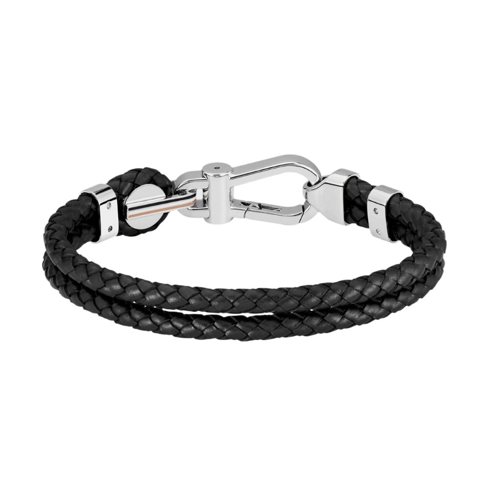 BOSS Lederarmband 1580699M, Leder, Edelstahl, Herren, geflochten. Schwarz, Karabinerverschluss