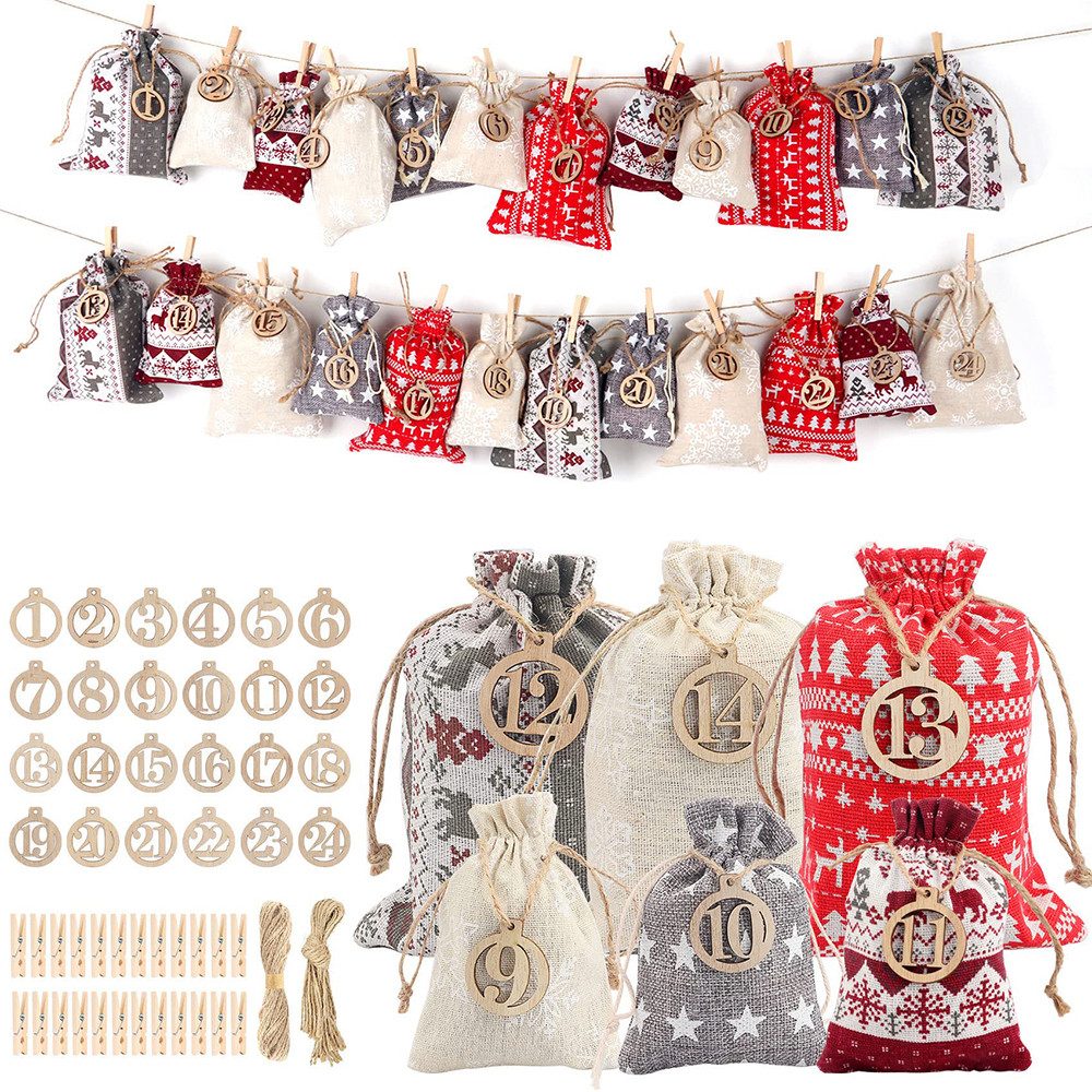 CLTYQ befüllbarer Adventskalender 24 Adventskalender zum Befüllen und Aufhängen,Geschenke, DIY Adventskalender Bastelset,DIY-Stoffbeutel mit Holzklammern