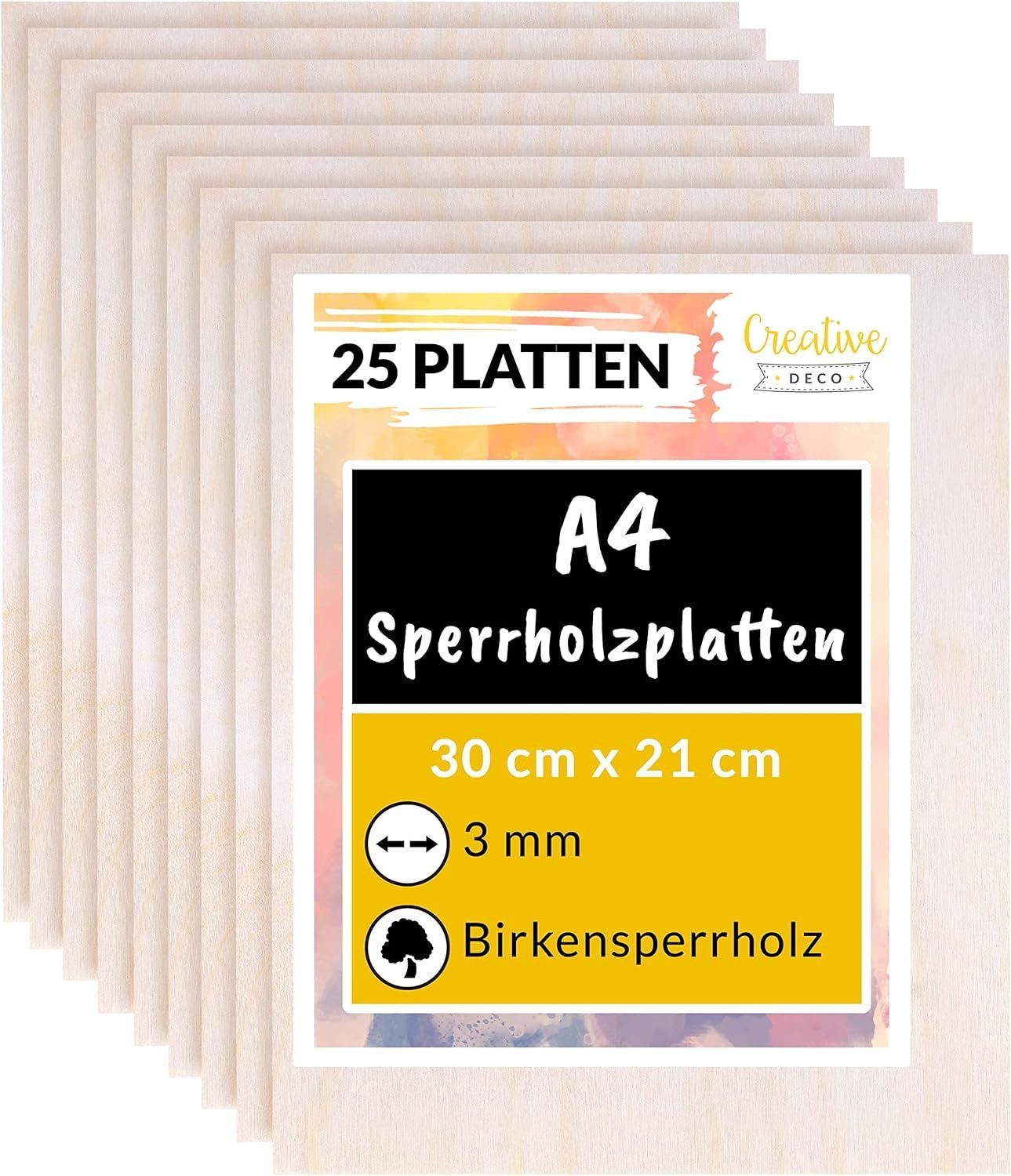 Creative Deco Bastelnaturmaterial 25 x A4 Sperrholzplatte 3 mm, 300 x 210 mm Birkensperrholz