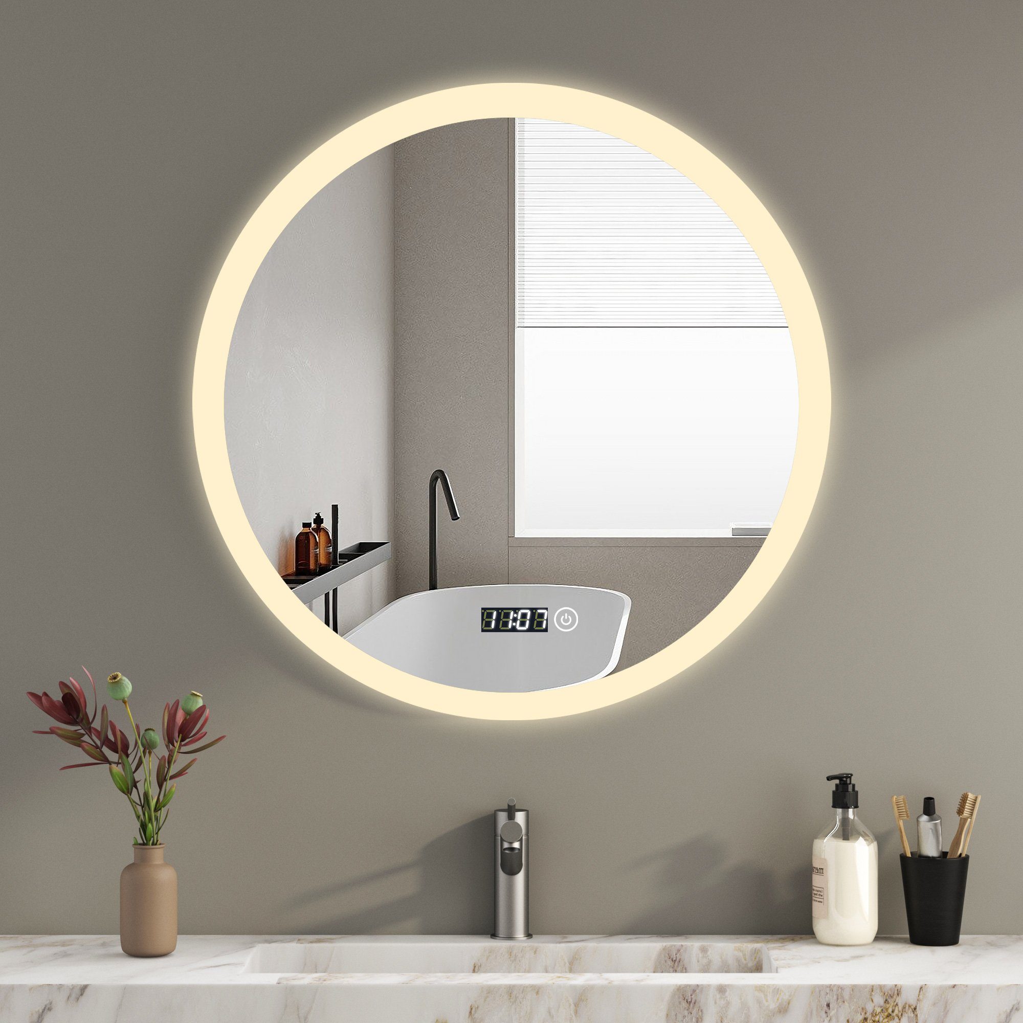 Badspiegel Led Uhr dimmbar Touch Rund 60 cm Memory 3Lichtfarben
