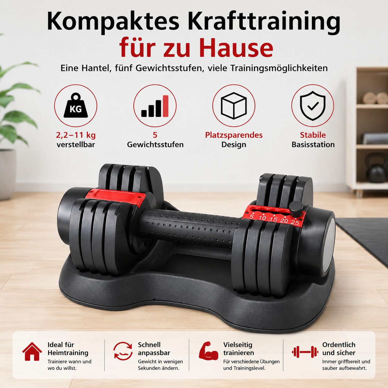 Tekoo Kurzhantel Verstellbare Kurzhantel 11 kg mit 5 Gewichtsstufen für Zuhause, (Packung, Verstellbare Kurzhantel mit Basisstation), 5 Gewichtsstufen, 2,2-11 kg, Antirutschgriff, Basisstation