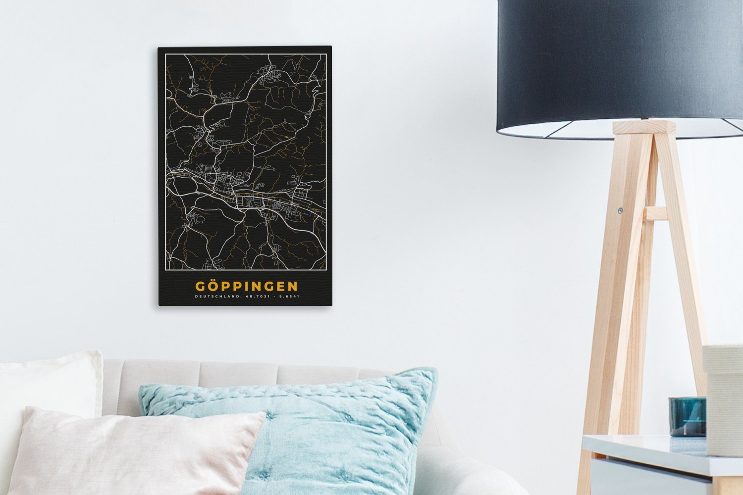 bespannt Deutschland Stadtplan 20x30 OneMillionCanvasses® - Leinwandbild Gemälde, St), Karte - inkl. (1 fertig cm - - Zackenaufhänger, Gold, Leinwandbild Göppingen