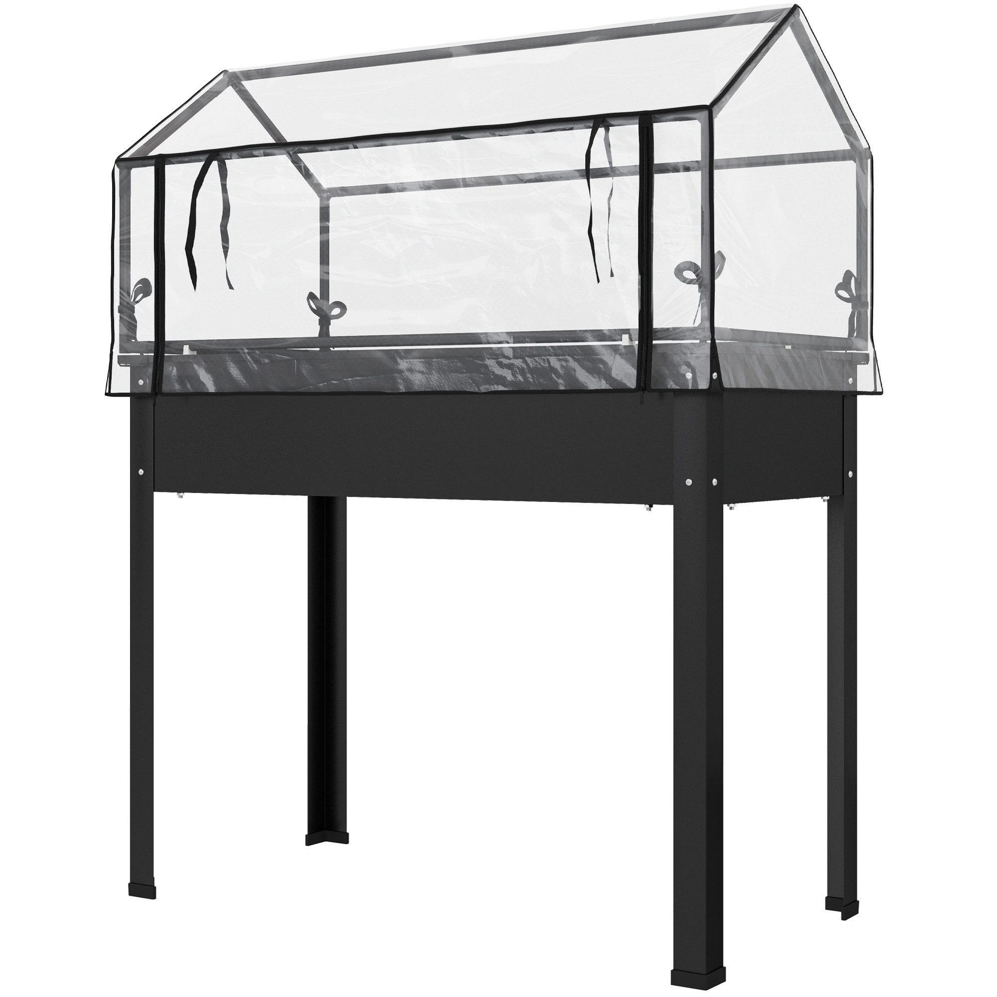 furnicato Hochbeet Schwarz 100L x 48B x 124H cm mit Gewächshausschutz, Gemüsebeet mit Ablaufloch und schützender Plastikabdeckung für Balkon