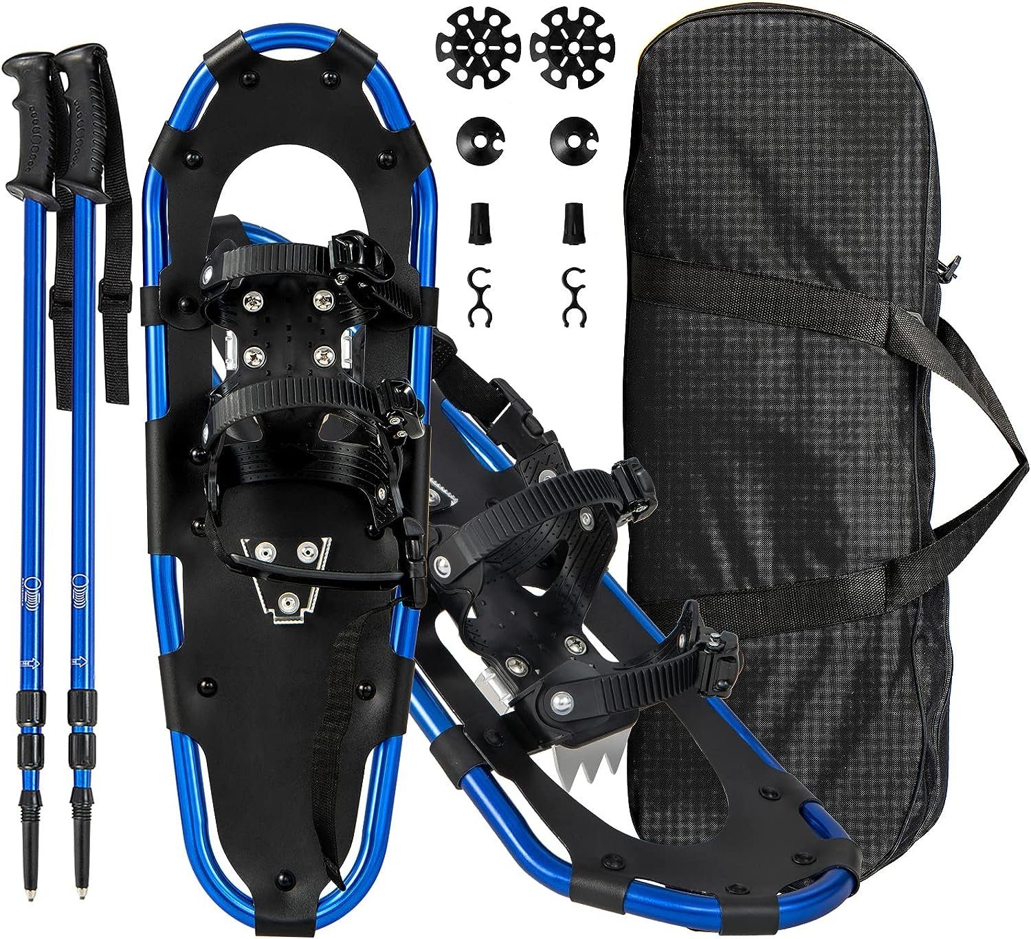 KOMFOTTEU Schneeschuhe 53/63/76cm (Set), mit Tragetasche & verstellbaren Wanderstöcken blau