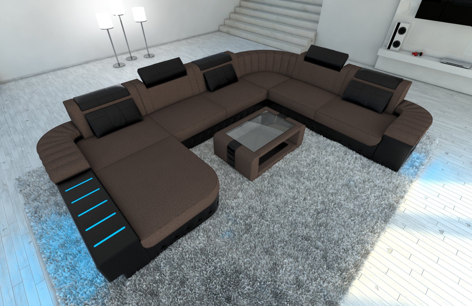 Dreams Designersofa Couch mit Sofa H8 LED, Bettfunktion mit Polster Wohnlandschaft wahlweise Stoffsofa, als Stoff Form Schlafsofa, XXL Braun-Schwarz Sofa Bellagio U