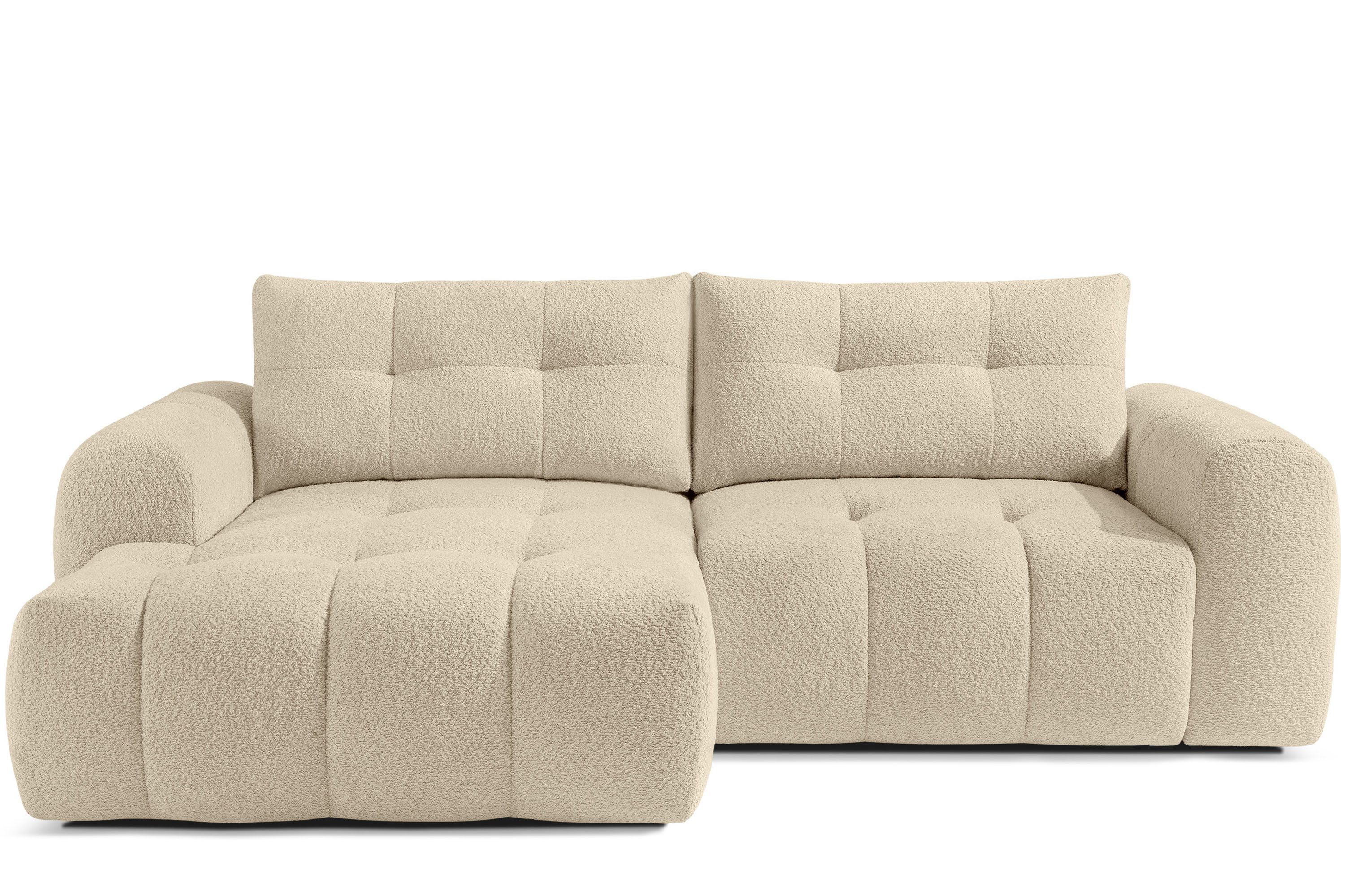 KONSIMO® Ecksofa RAVIA mit Schlaffunktion, Modern-Stil, Premiumqualität aus EU, links Ecksofa, kompakte Größe, Bouclé-Stoff, ausziehbare Liegefläche (193x150 cm)
