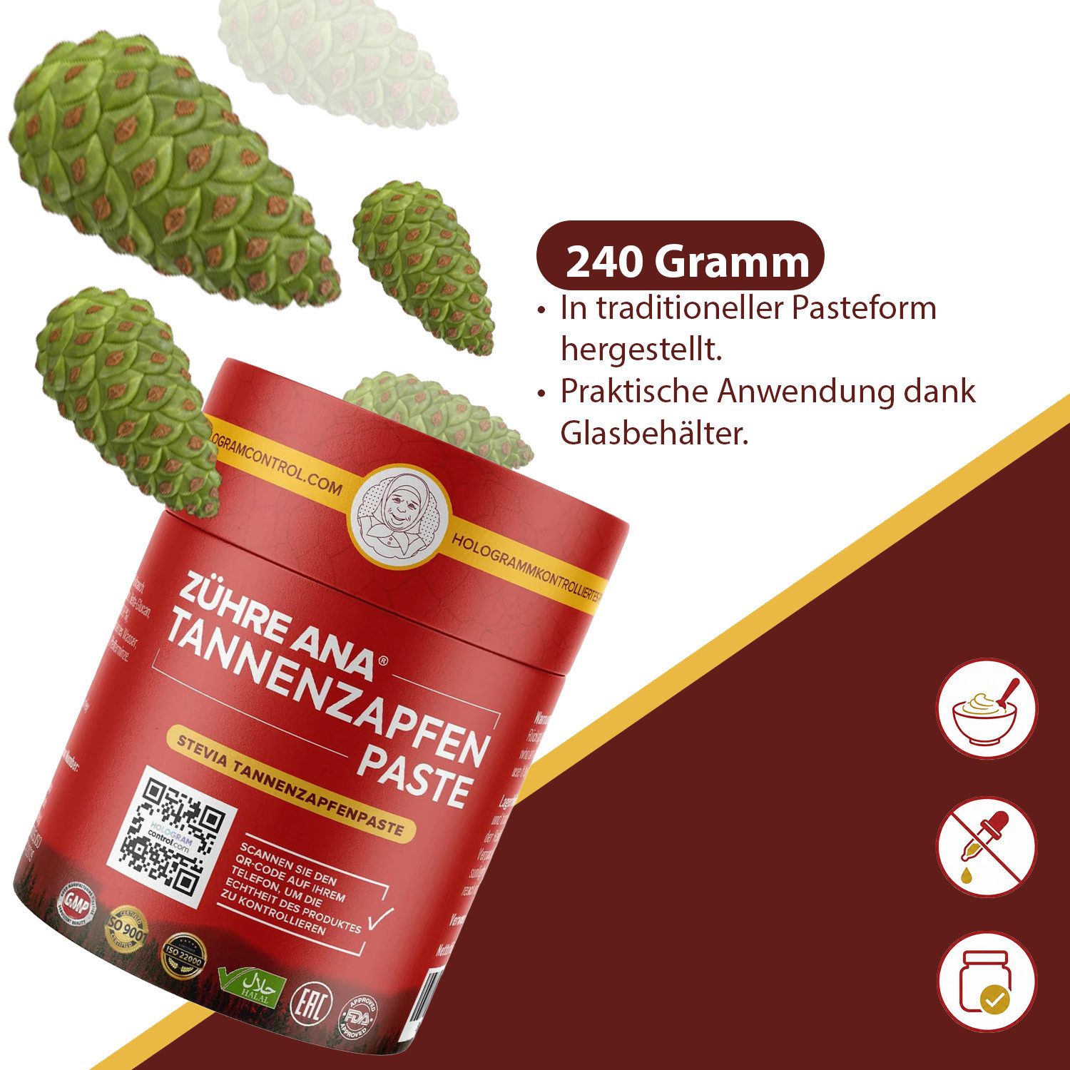 Zühre Ana® Tannenzapfenpaste mit Stevia–zuckerfreie Paste für natürliche Anwendun Paste, 240 g, Natürliche Pflanzenextrakte und unterstützende Mineralien