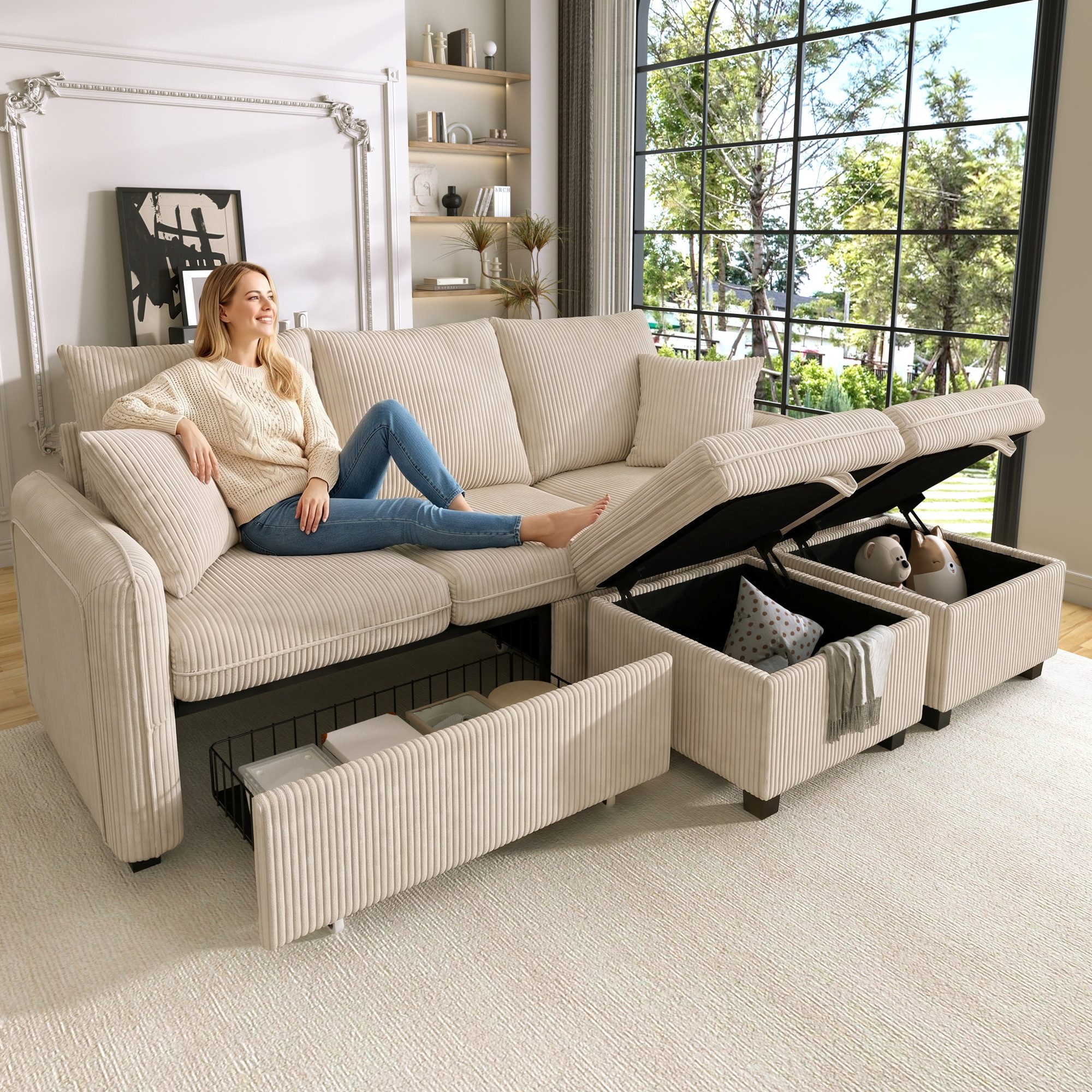 Merax Ecksofa U-förmiges Schlafsofa mit Staufunktion, Tagesbett Sofa Wohnzimmersofa aus Chenille-Bezug 1 Teile, 3-Sitzer-Ecksofa mit 2 Schubladen & 2 Hocker mit Stauraum, Polstersofa