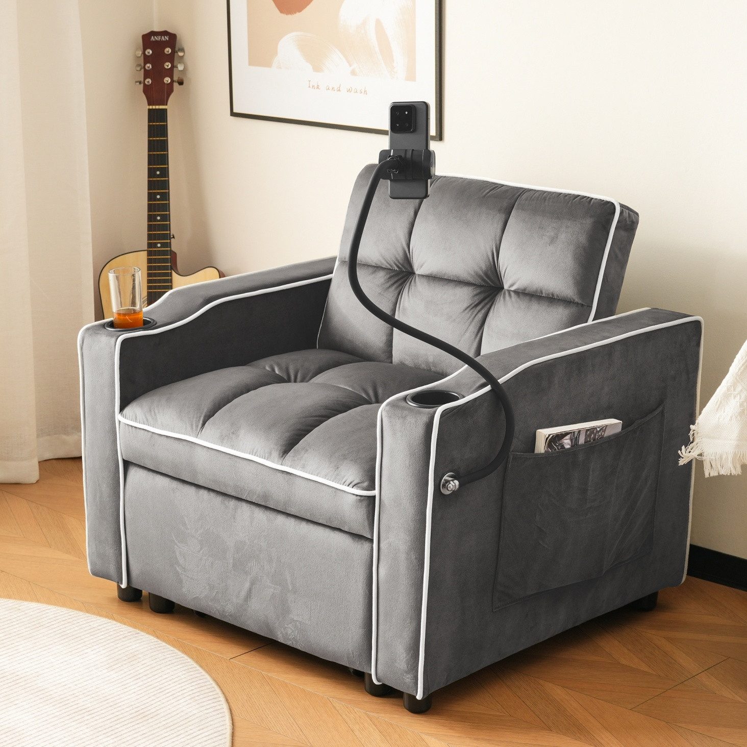 IDEASY Schlafsofa Schlafsofa Sessel ausziehbar mit Getränkehaltern und Handyhalter, 3-fach verstellbare Rückenlehne, 2 Getränkehalter, Handyhalterung