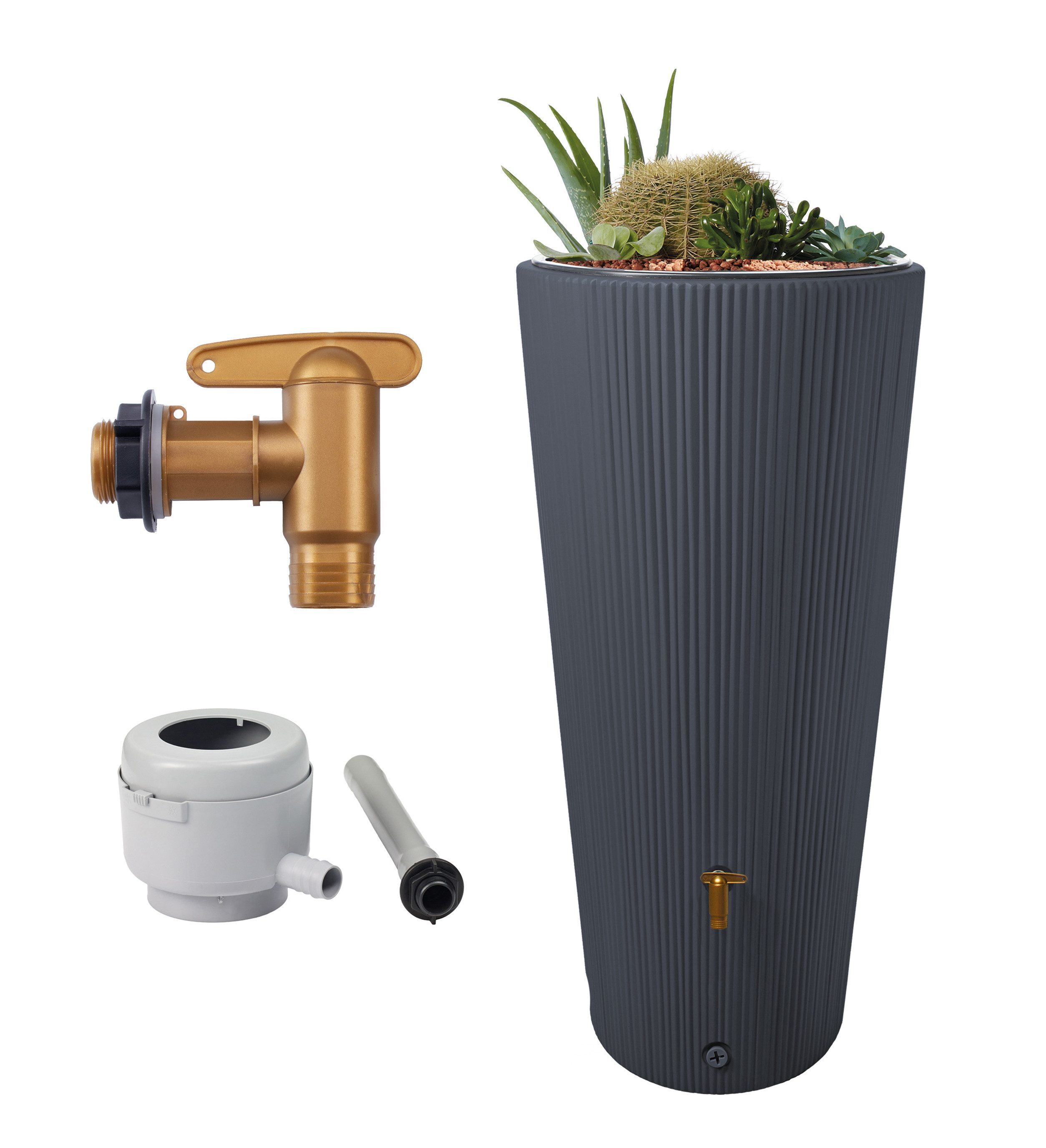 4rain Regentonne VASO 2in1 DECOR Regenspeicher Komplett-Set 220 L, graphite grey