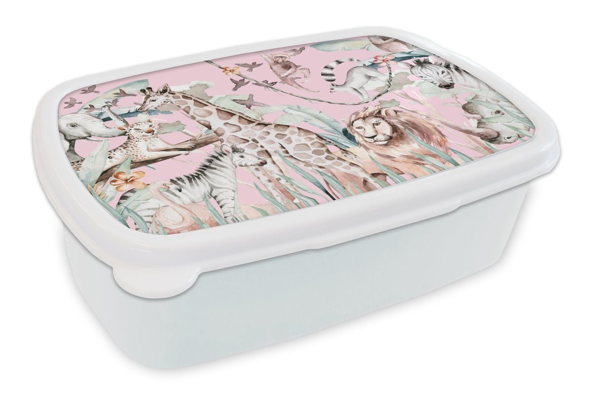 MuchoWow Lunchbox Wasserfarben - Tiere - Dschungel - Rosa - Mädchen - Kinder - Kinder, Kunststoff, (2-tlg), Brotbox für Kinder und Erwachsene, Brotdose, für Jungs und Mädchen weiß