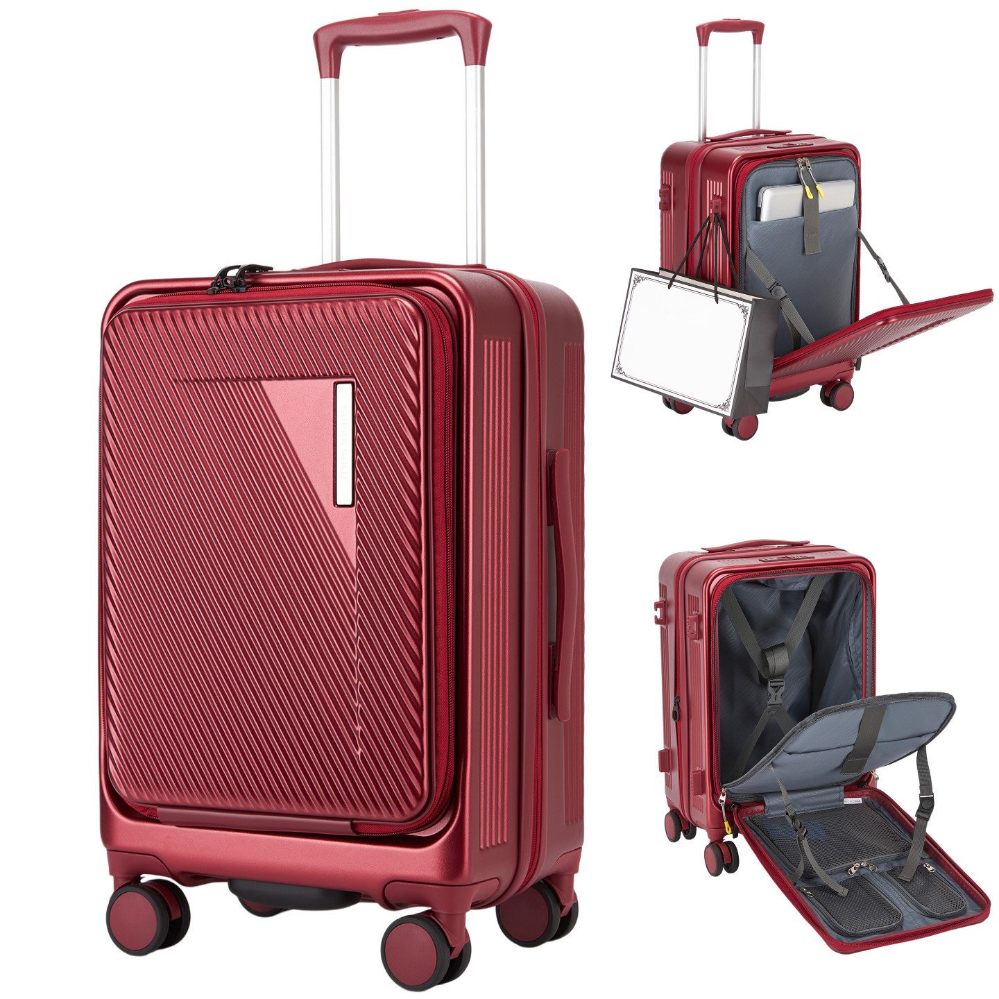 Super Solu Handgepäck-Trolley Hartschalenkoffer 55cm PC erweiterbar mit Frontöffnung & Laptopfach, 4 Rollen, Reisekoffer mit TSA-Schloss & 4 x 360° Doppelrollen, Rot