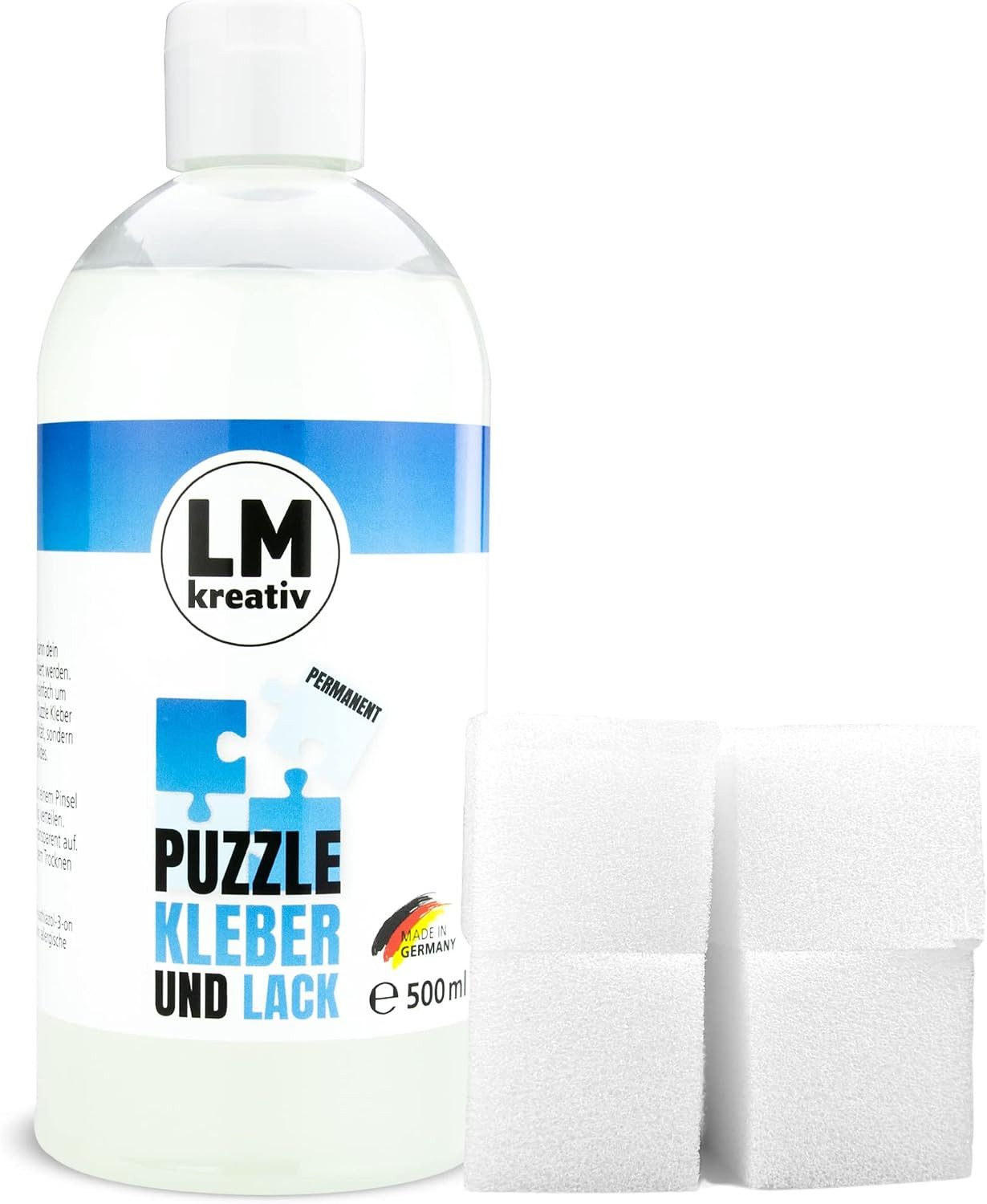 LM-Kreativ Puzzlekleber Puzzle Kleber & Lack transparent permanent zum Fixieren von Puzzles, transparent, permanent, Kleber & Lack, inkl. 4 Schwämmchen
