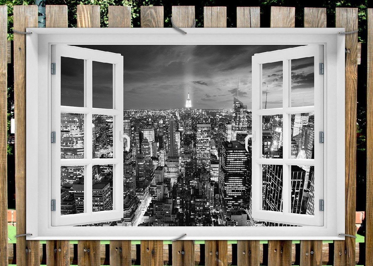 Thumbnail - Wallario Sichtschutzzaunmatten New York bei Nacht - Panoramablick über die Stadt - schwarzweiß, mit Fenster-Illusion