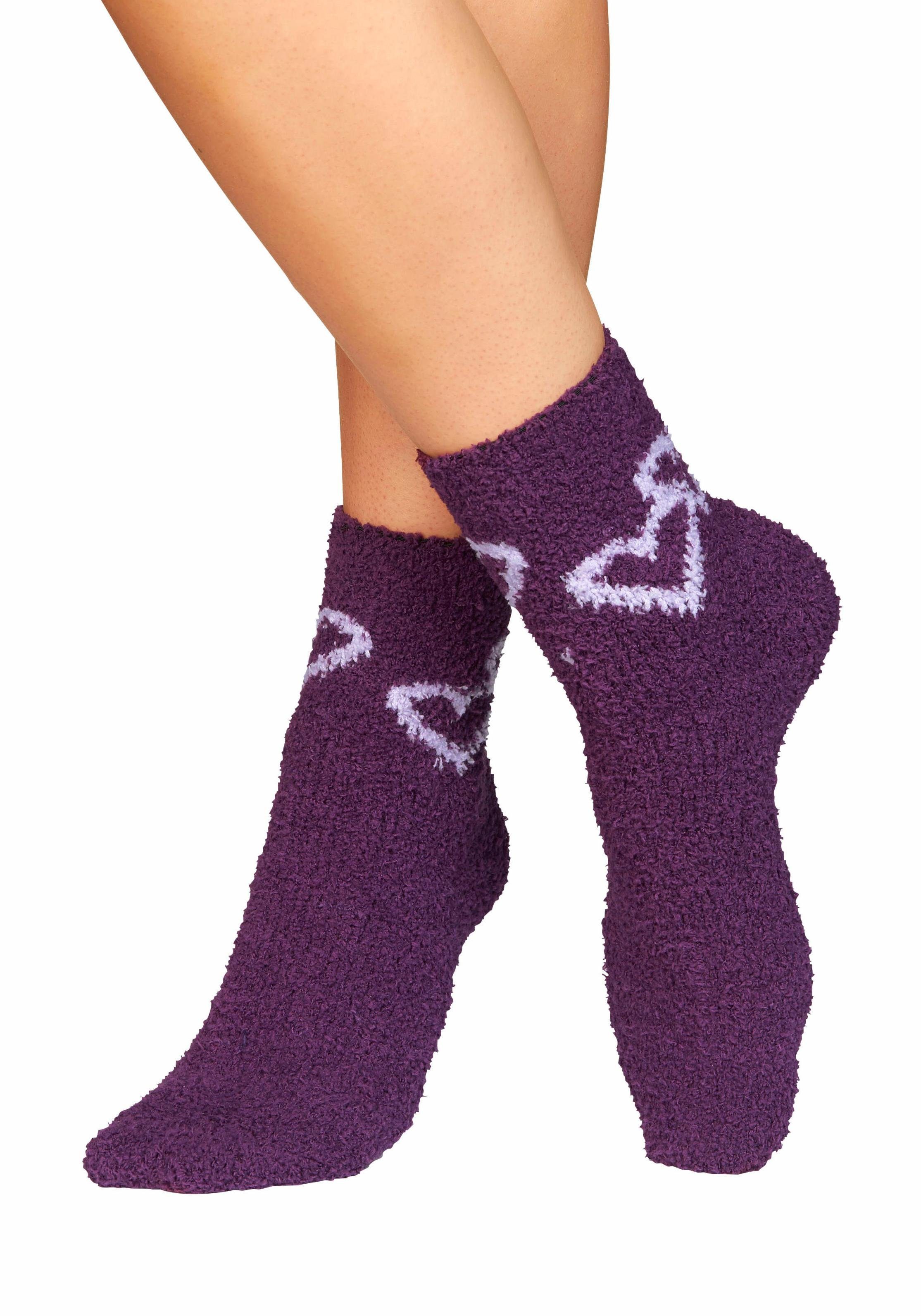 Lavana Kuschelsocken Damen Flauschige Wintersocken Haussocken Bittsocken (Packung, 5-Paar) mit Herzen am Bund