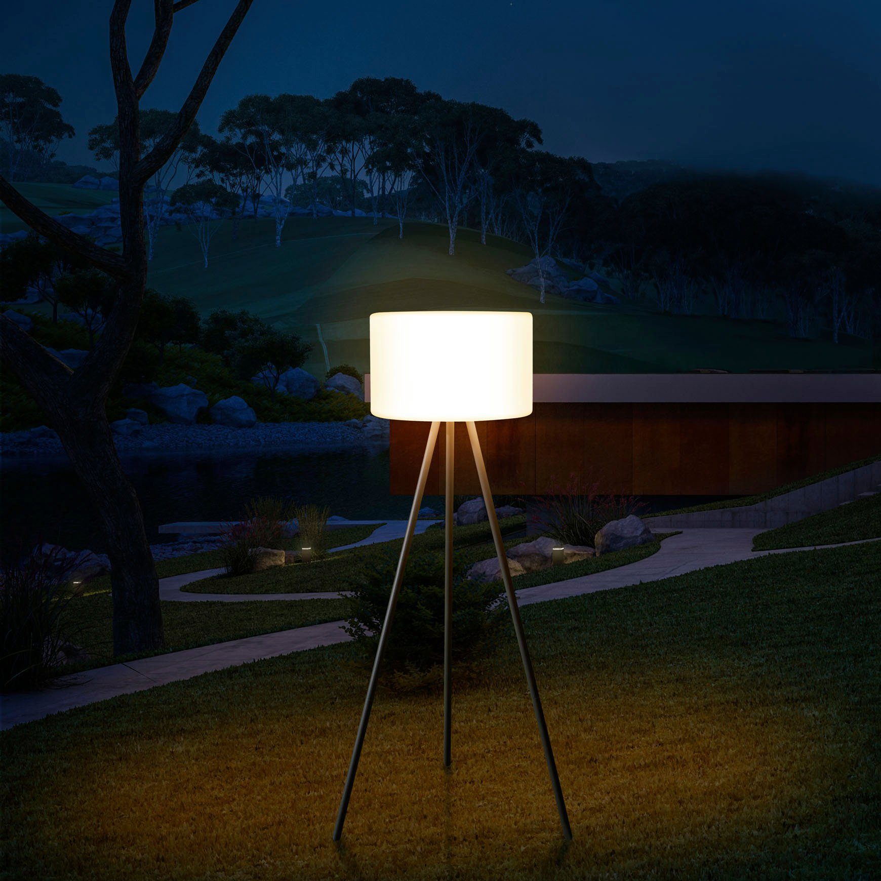 LED Terrasse Garten integriert, Aufladbar Paco Stehlampe Outdoor Dreibein LED fest Akku Home Und In- BRUCE, Balkon