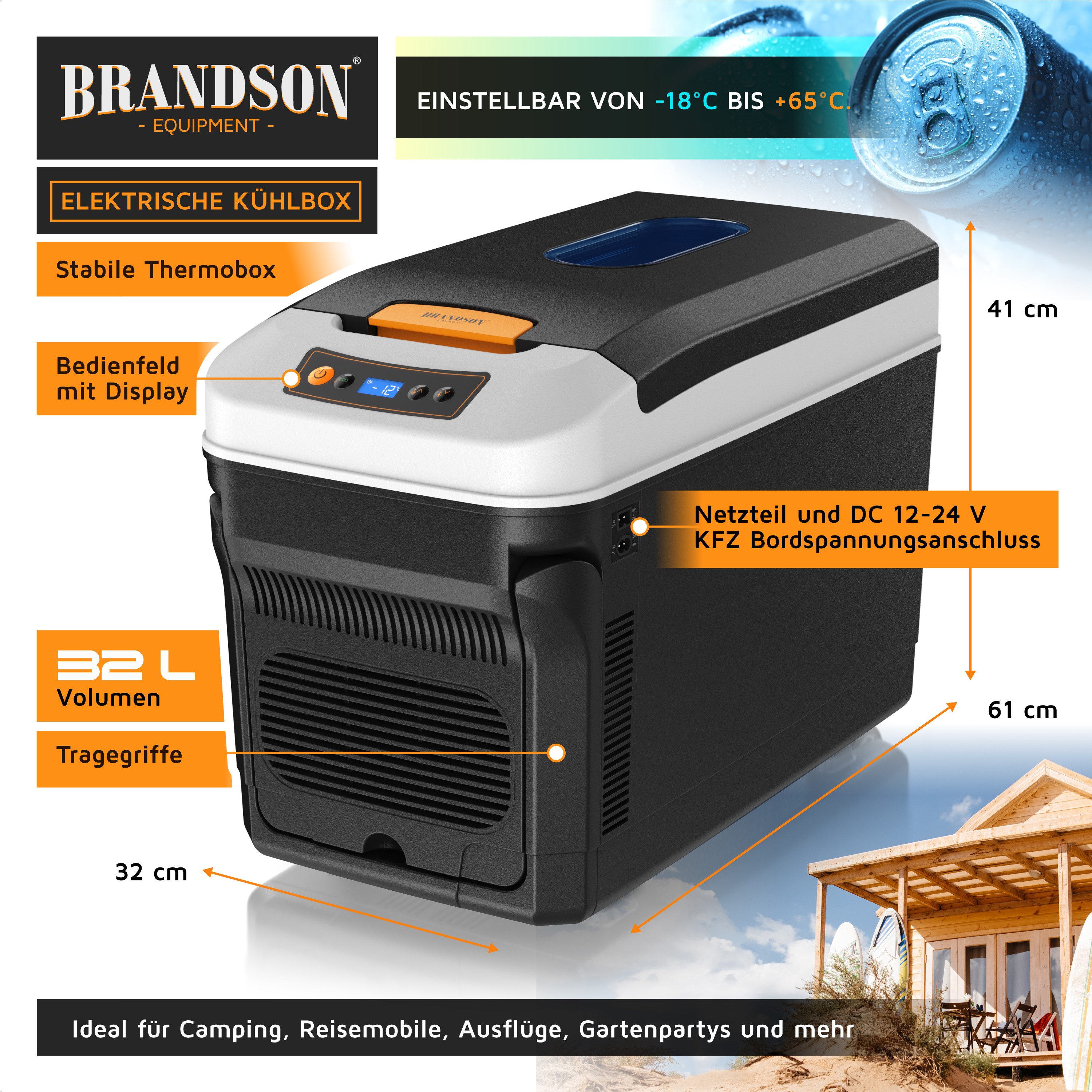 Brandson Elektrische Kühlbox Kühlbox, bis – 20°C, ECO Modus, 32 L, für Auto & Haus, 32 l, Heizfunktion bis 65°C, 12-24 V, 100-240 V, LC-Display, Rollen