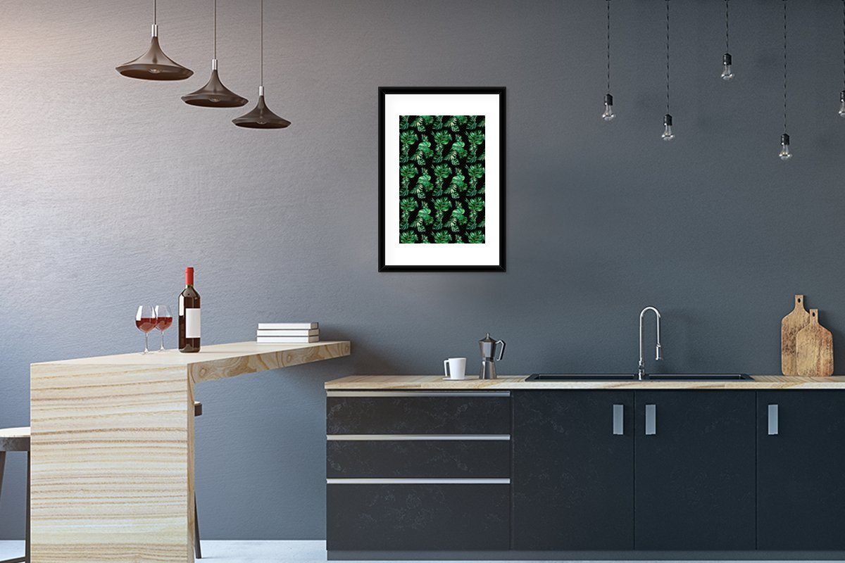 - (1 Poster Monstera, MuchoWow Pflanzen Rahmen, - Gerahmtes St), Poster, Schwarzem Weinlese Kunstdruck, mit Bilderrahmen